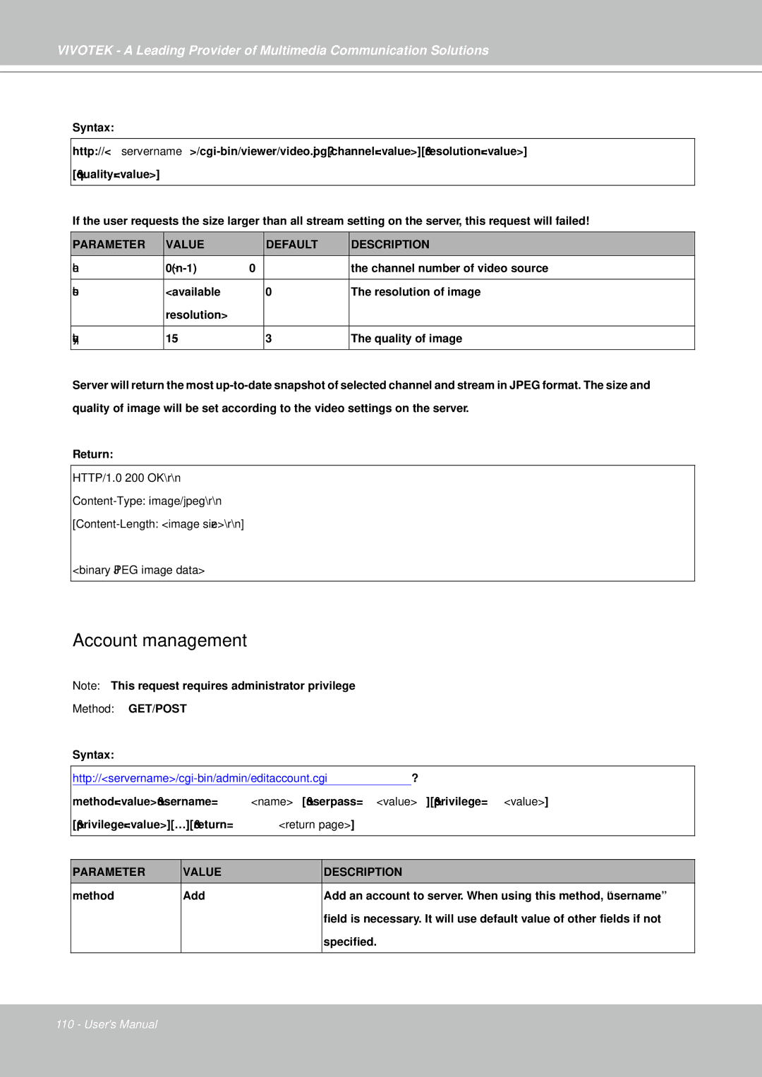 Vivotek IP7330 manual Account management, Quality 