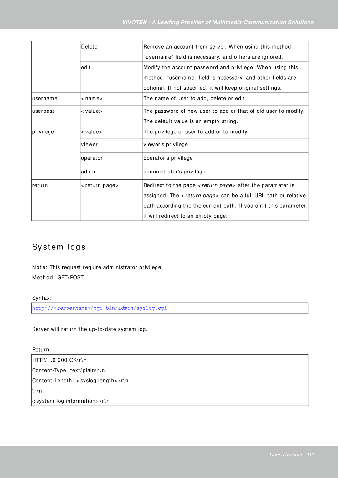 Vivotek IP7330 manual System logs 