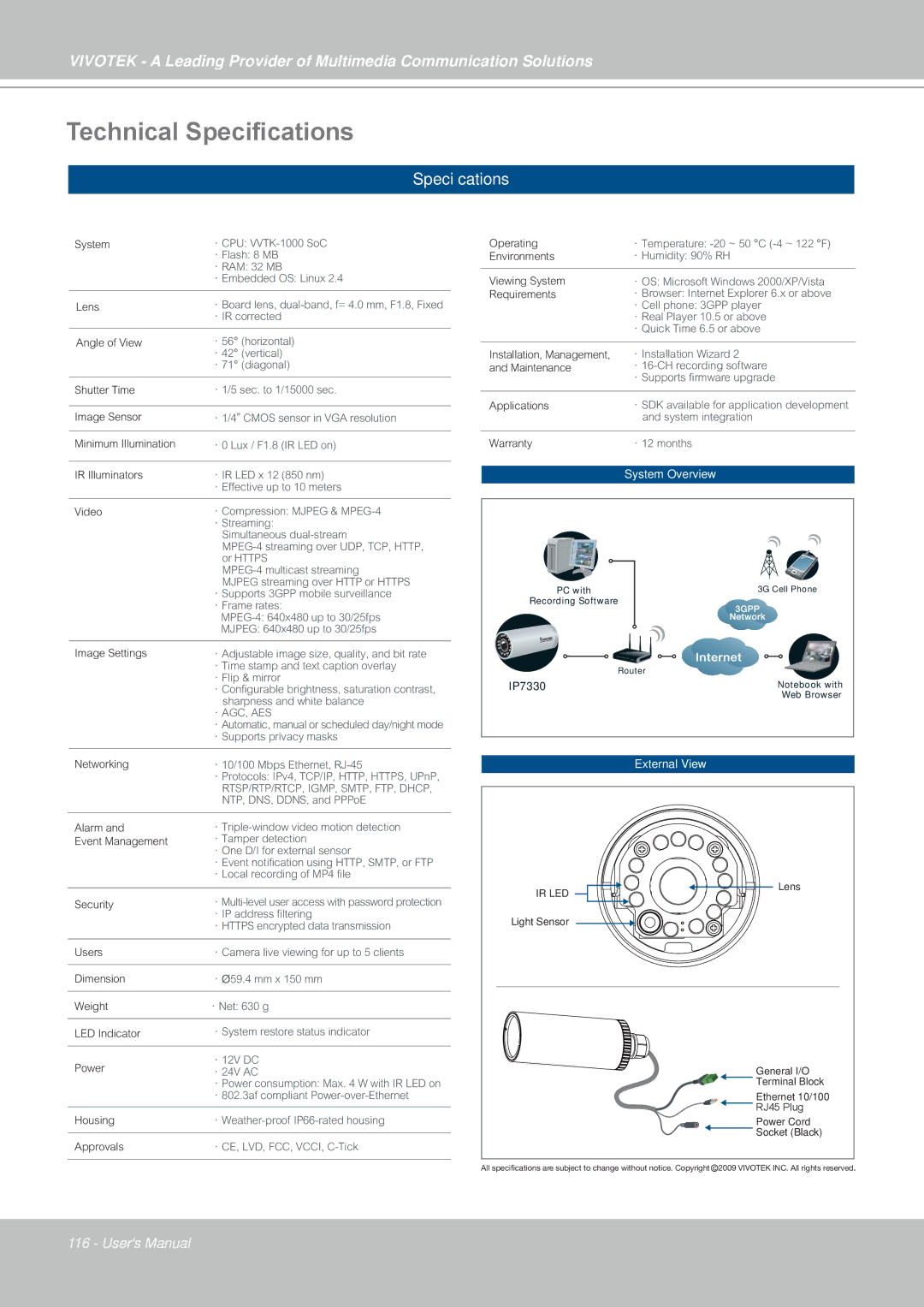 Vivotek IP7330 manual Technical Specifications, Speciﬁcations 