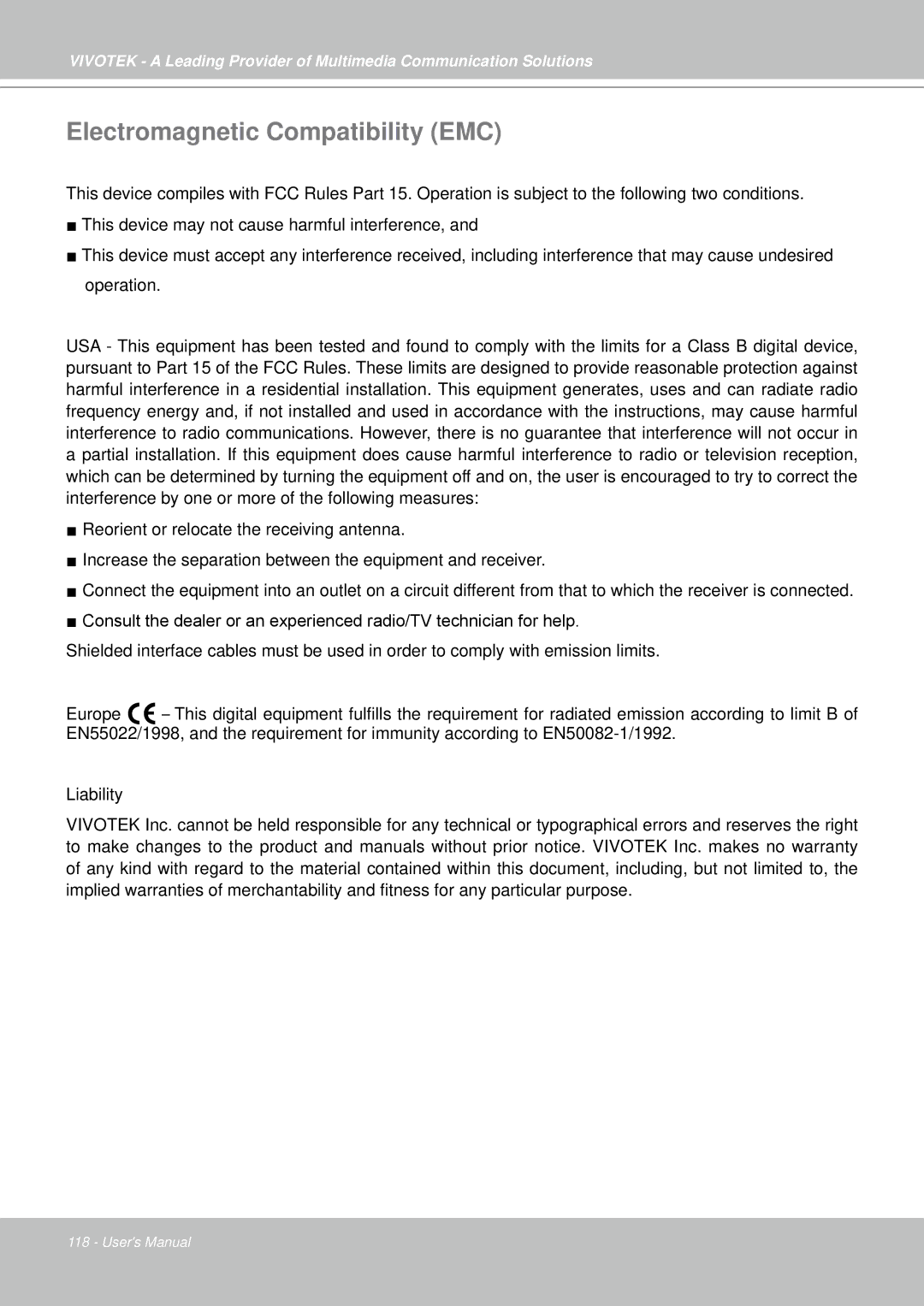 Vivotek IP7330 manual Electromagnetic Compatibility EMC 