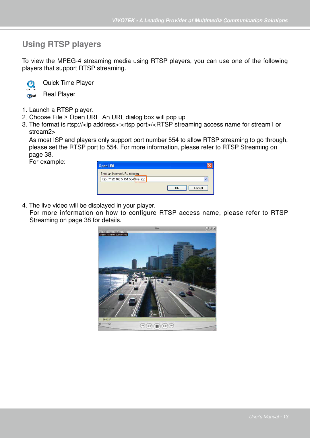 Vivotek IP7330 manual Using Rtsp players 