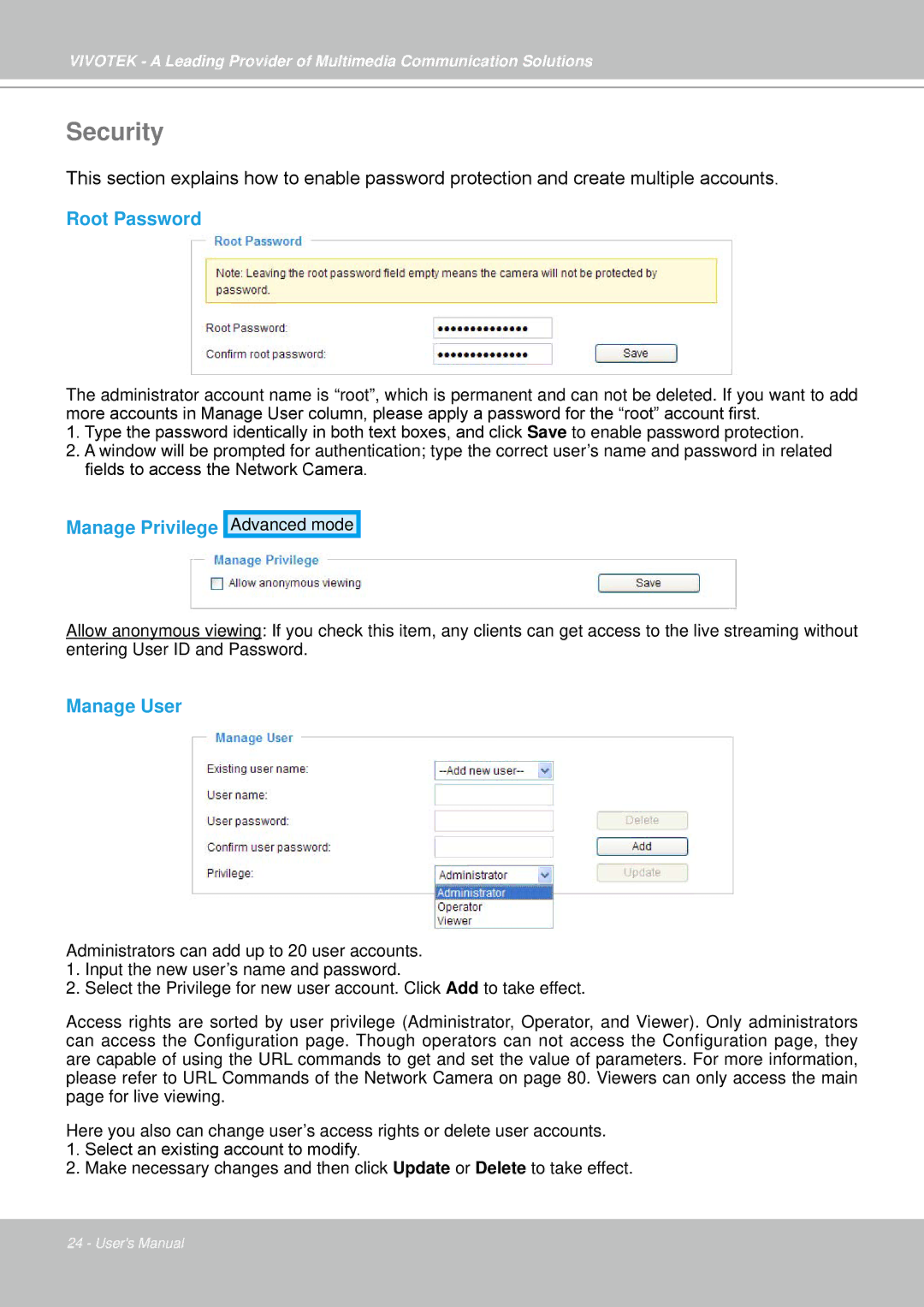 Vivotek IP7330 manual Security, Root Password, Manage Privilege, Manage User 