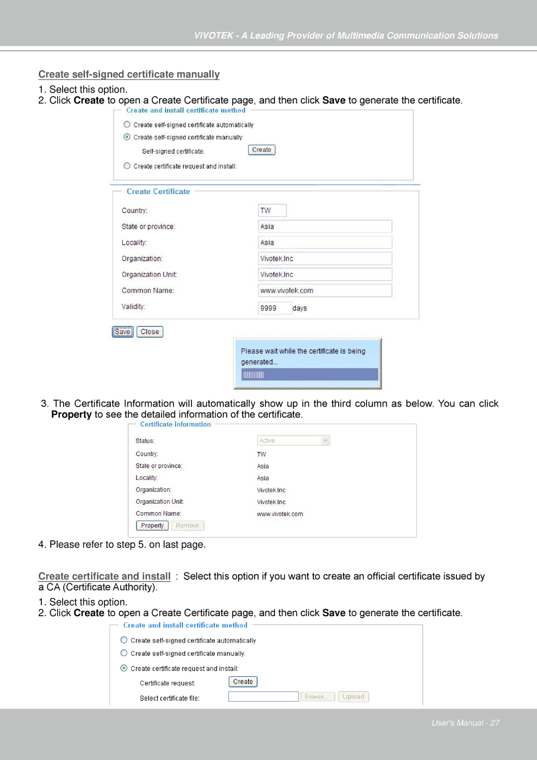 Vivotek IP7330 Create self-signed certificate manually 