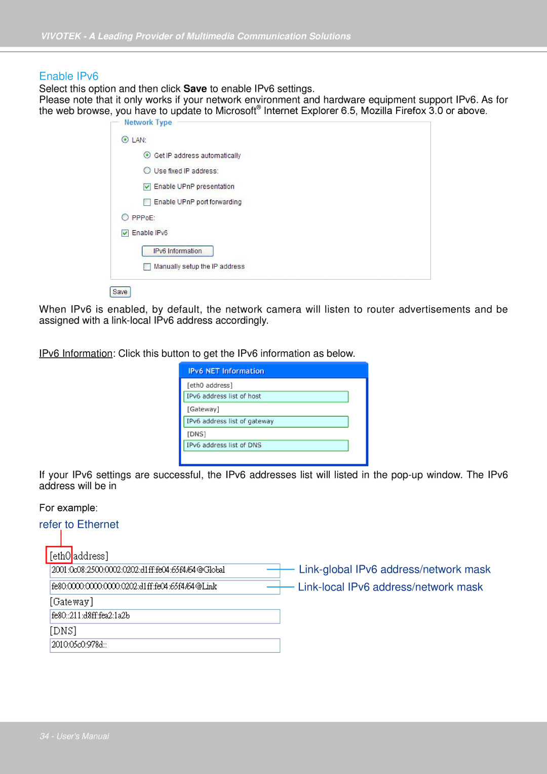 Vivotek IP7330 manual Enable IPv6 