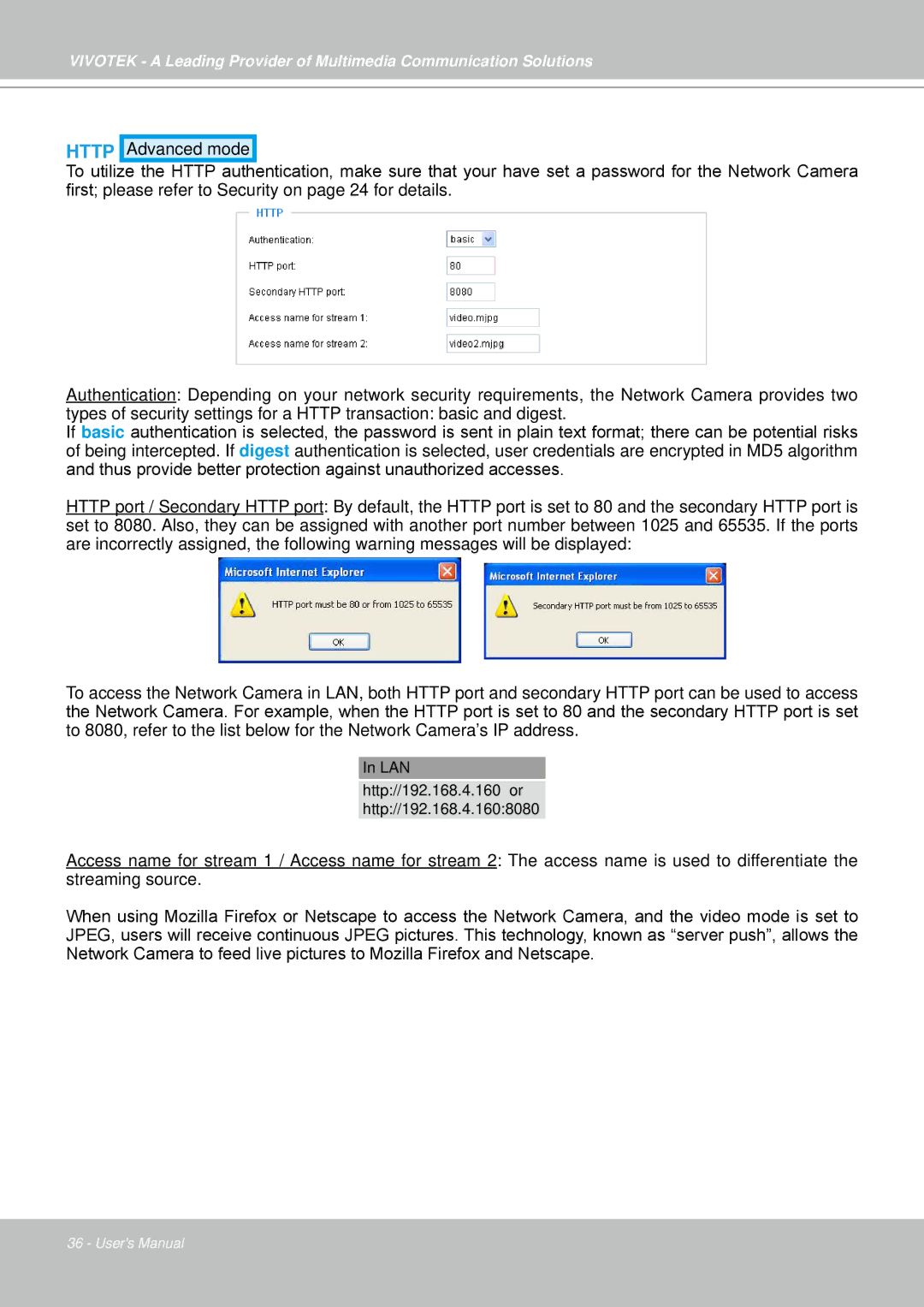 Vivotek IP7330 manual LAN Http//192.168.4.160 or Http//192.168.4.1608080 