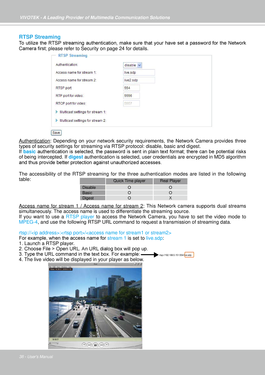 Vivotek IP7330 manual Rtsp Streaming 