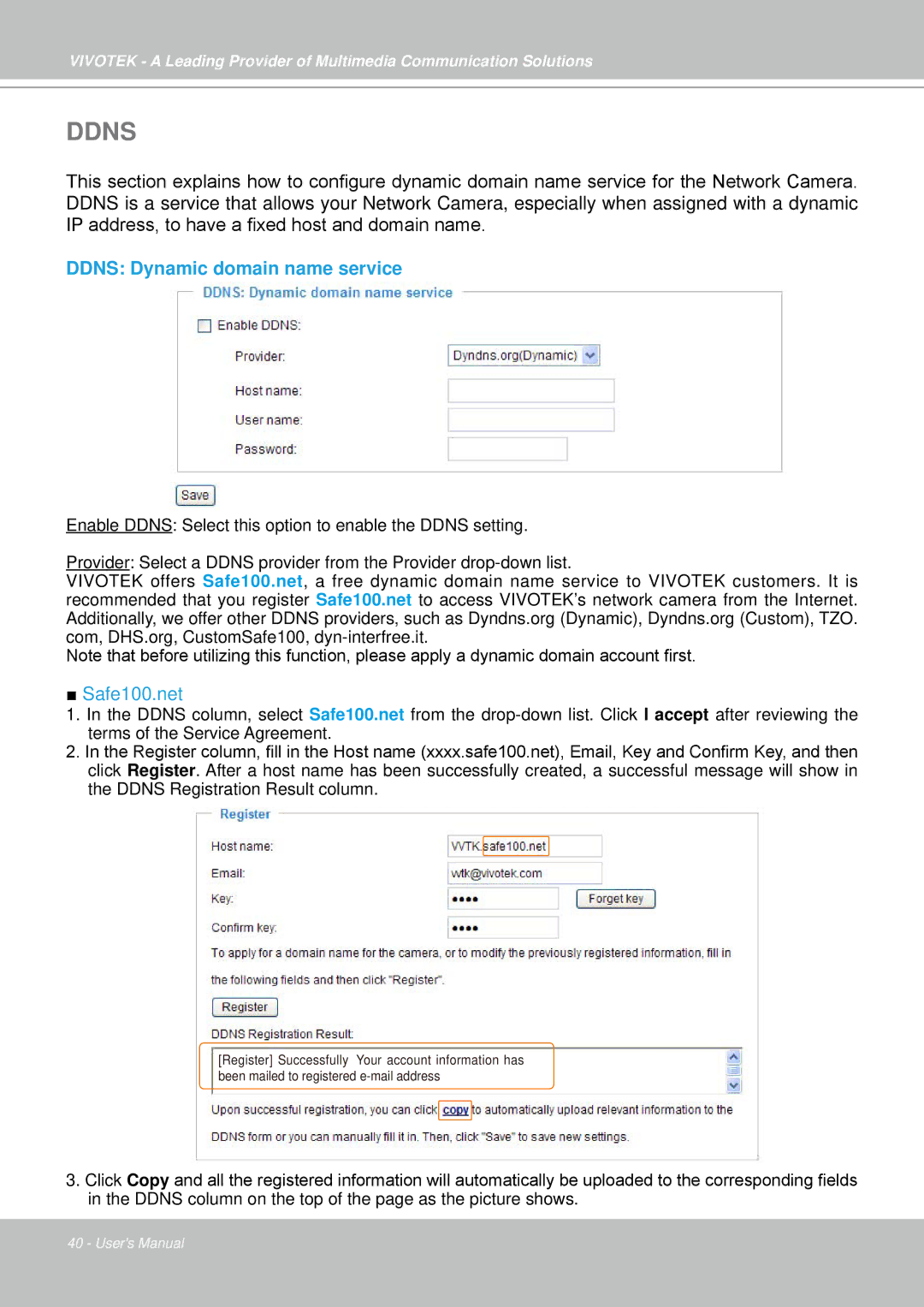 Vivotek IP7330 manual Ddns Dynamic domain name service 