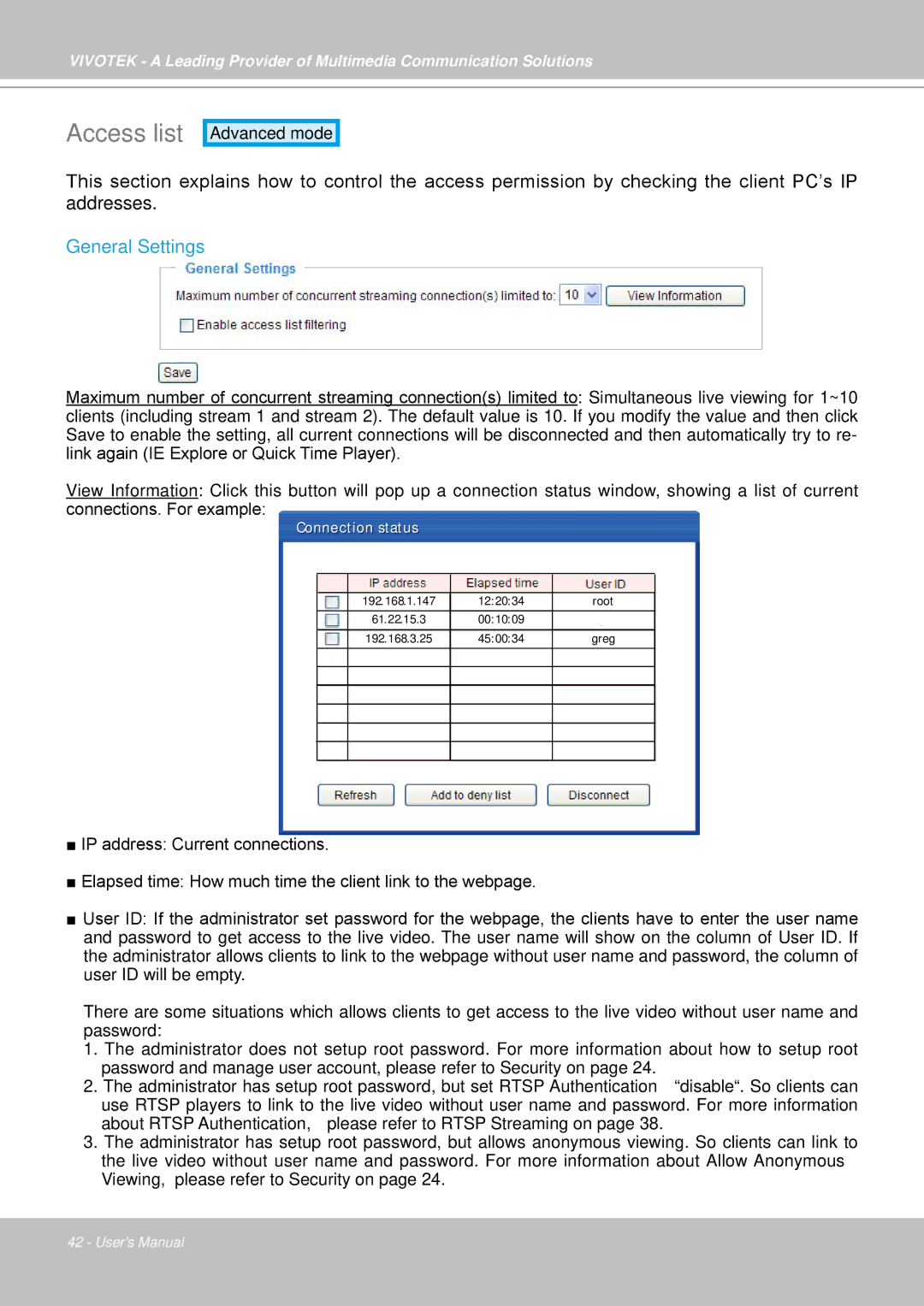 Vivotek IP7330 manual Access list, General Settings 