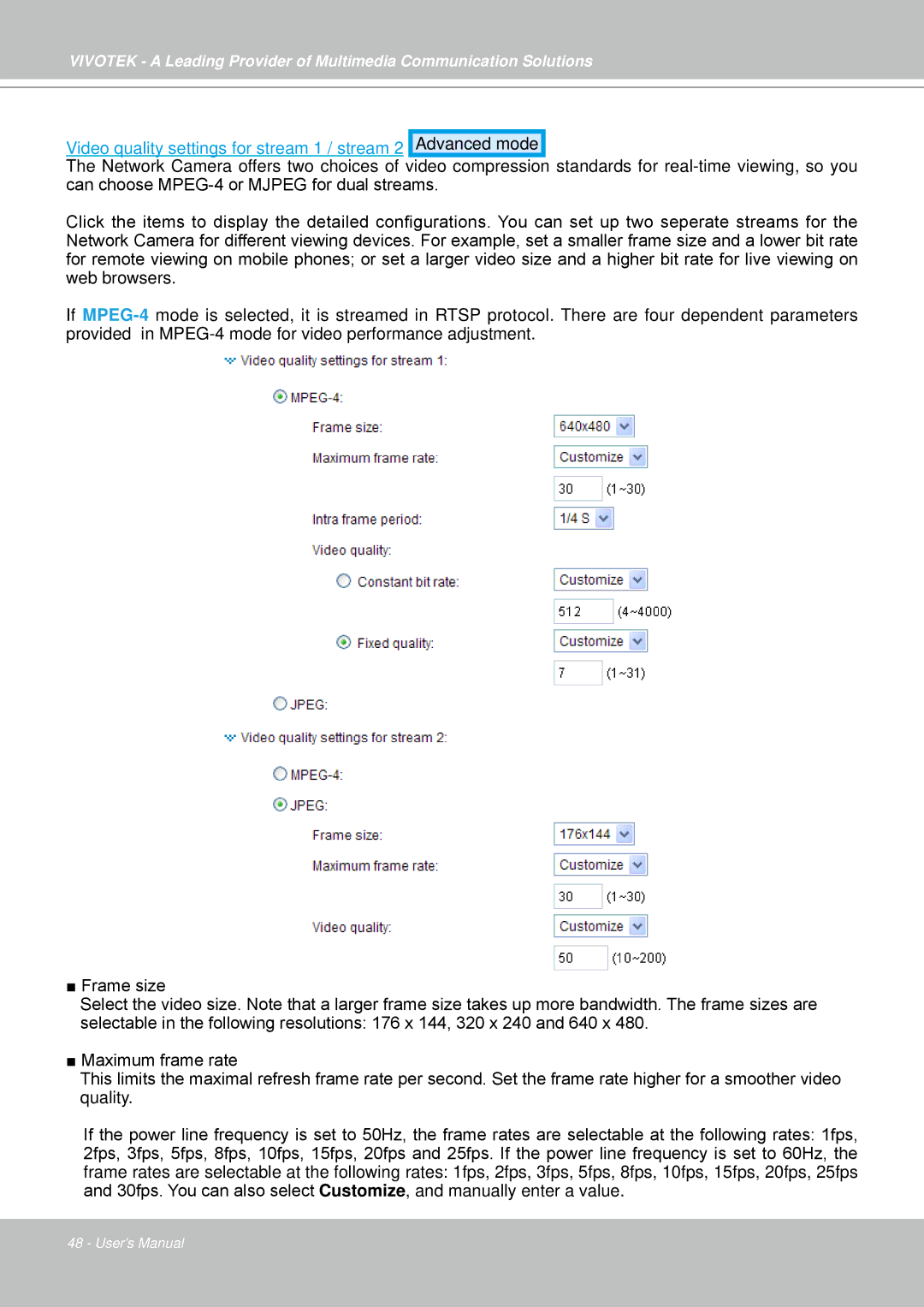 Vivotek IP7330 manual Video quality settings for stream 1 / stream 2 Advanced mode 