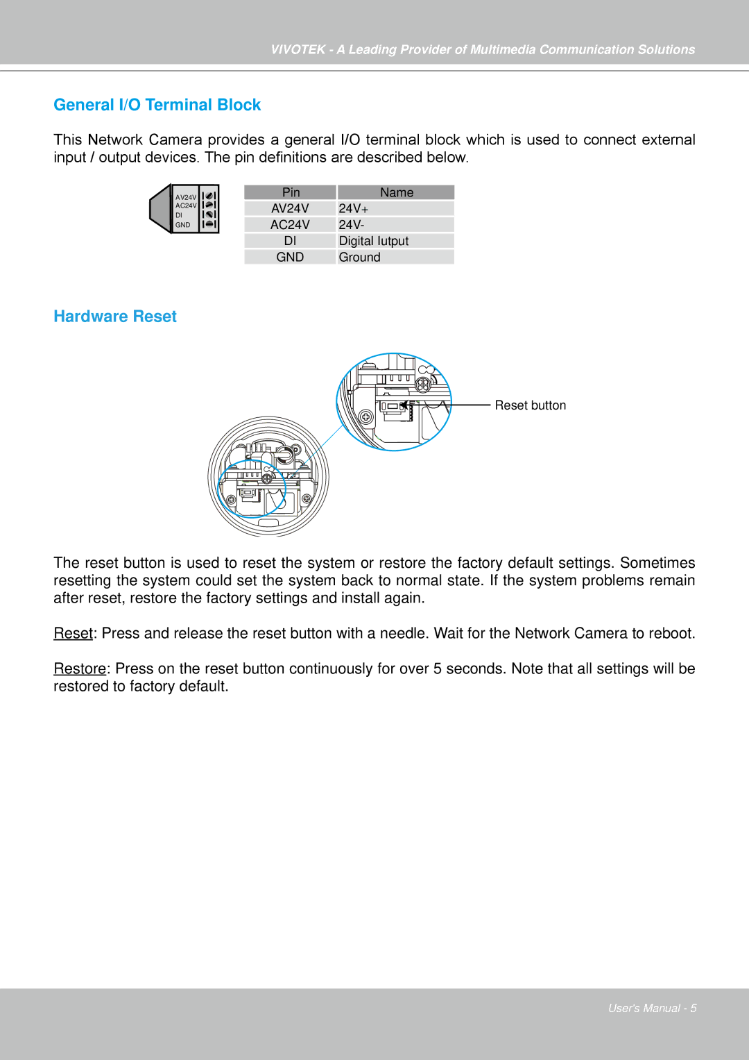 Vivotek IP7330 manual Hardware Reset 