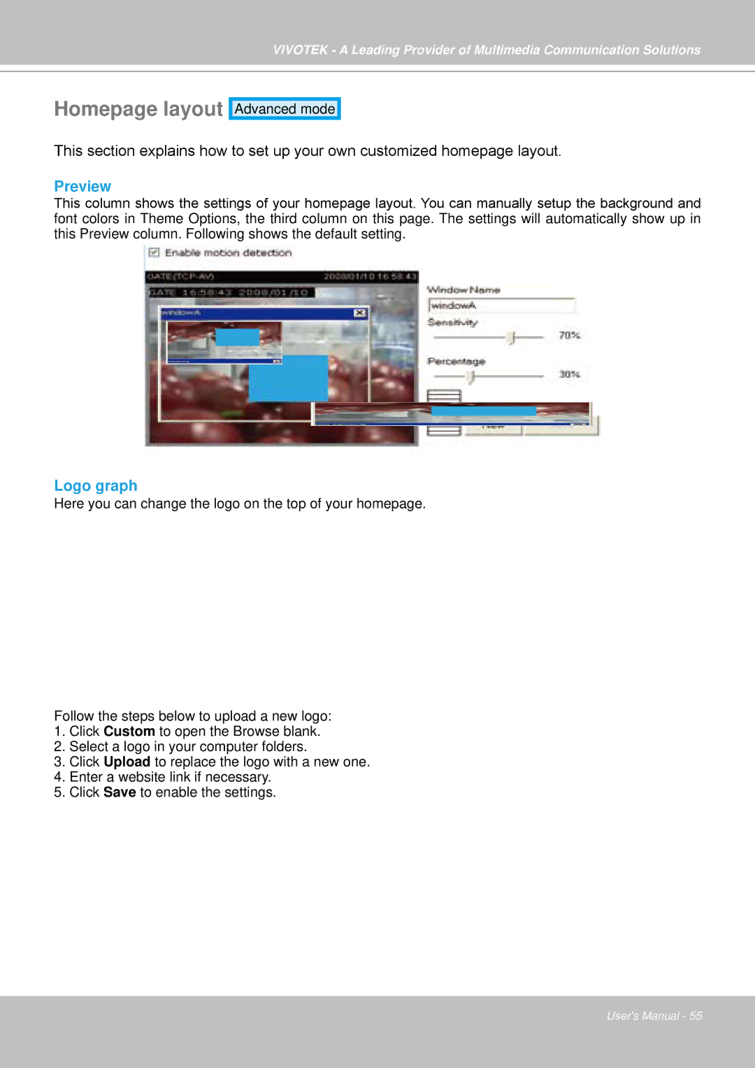 Vivotek IP7330 manual Homepage layout, Preview, Logo graph 