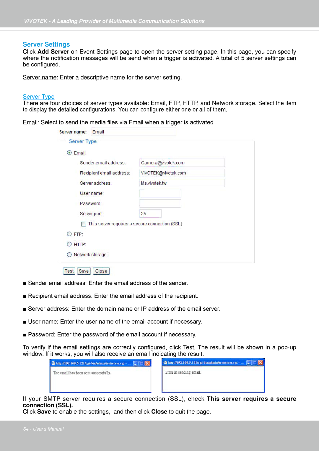 Vivotek IP7330 manual Server Settings, Server Type 