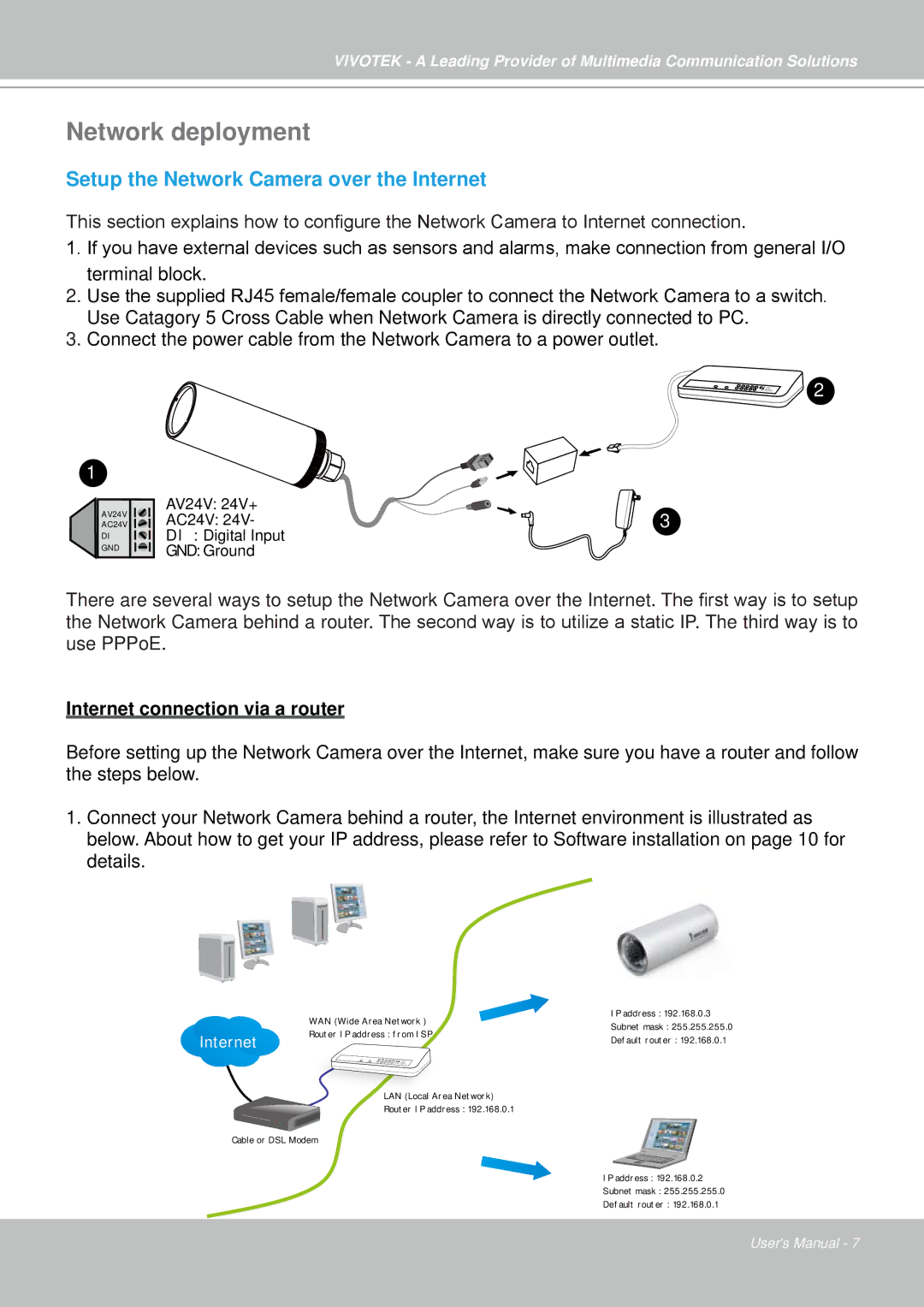 Vivotek IP7330 manual Network deployment, Setup the Network Camera over the Internet 