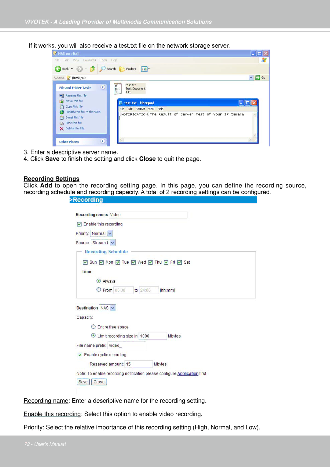 Vivotek IP7330 manual Recording Settings 