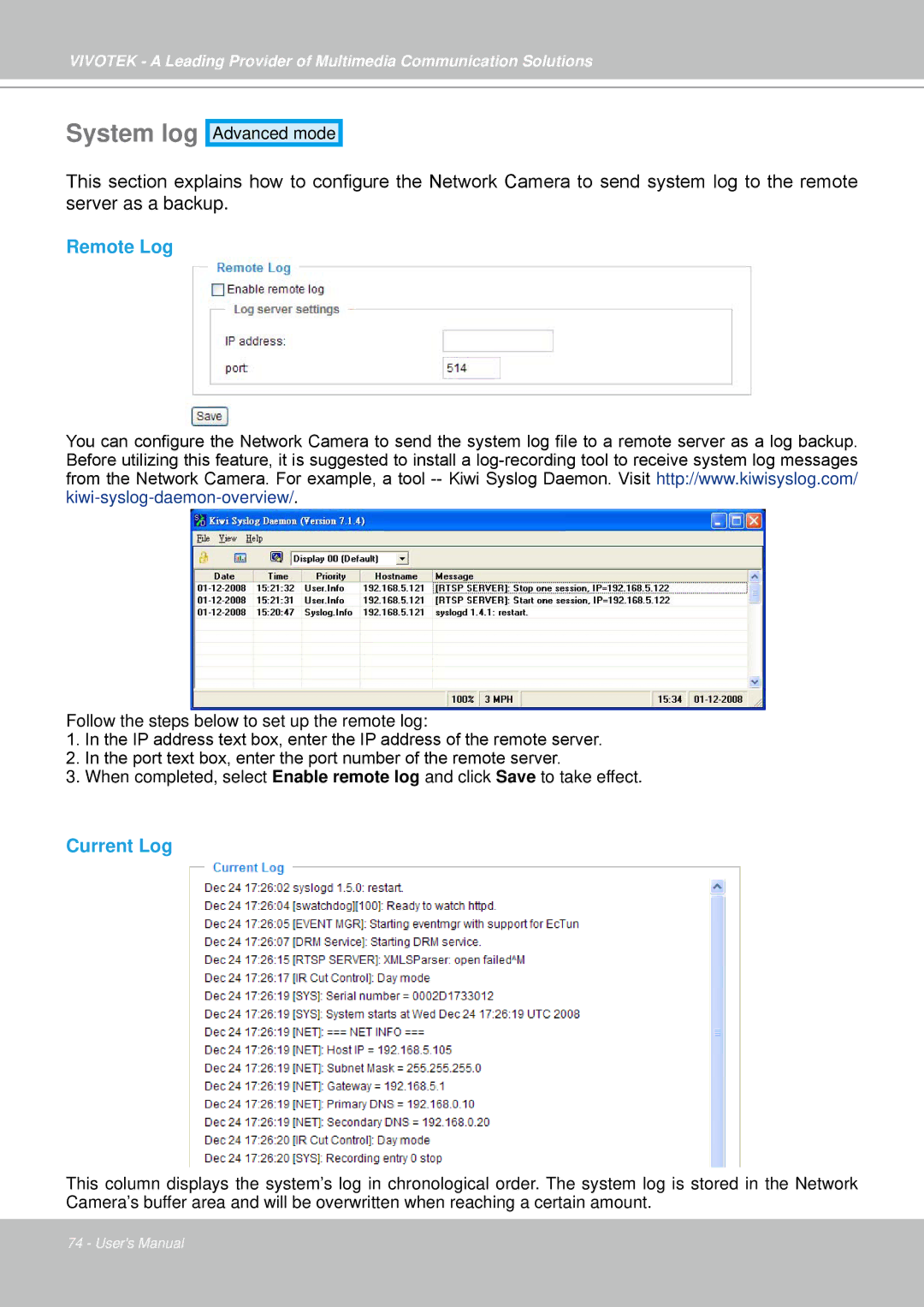 Vivotek IP7330 manual System log, Remote Log, Current Log 