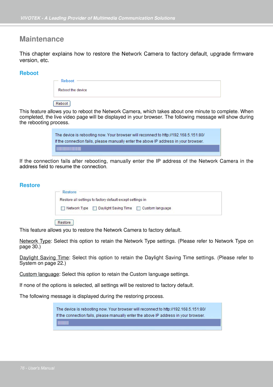 Vivotek IP7330 manual Maintenance, Reboot, Restore 
