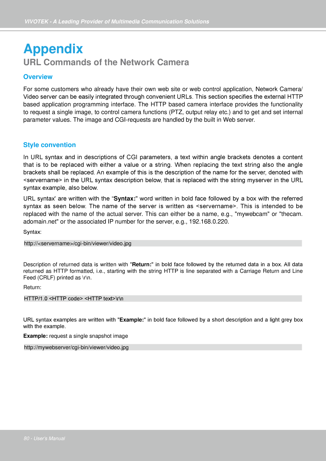 Vivotek IP7330 manual Appendix, URL Commands of the Network Camera 