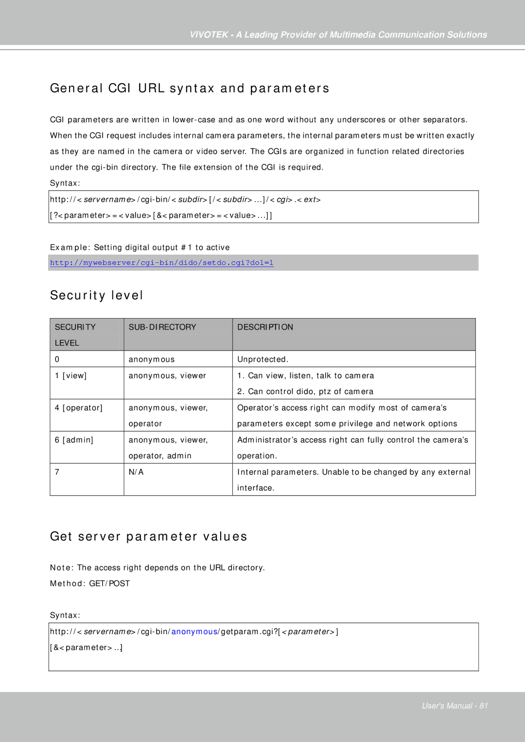 Vivotek IP7330 manual General CGI URL syntax and parameters, Security level, Get server parameter values 