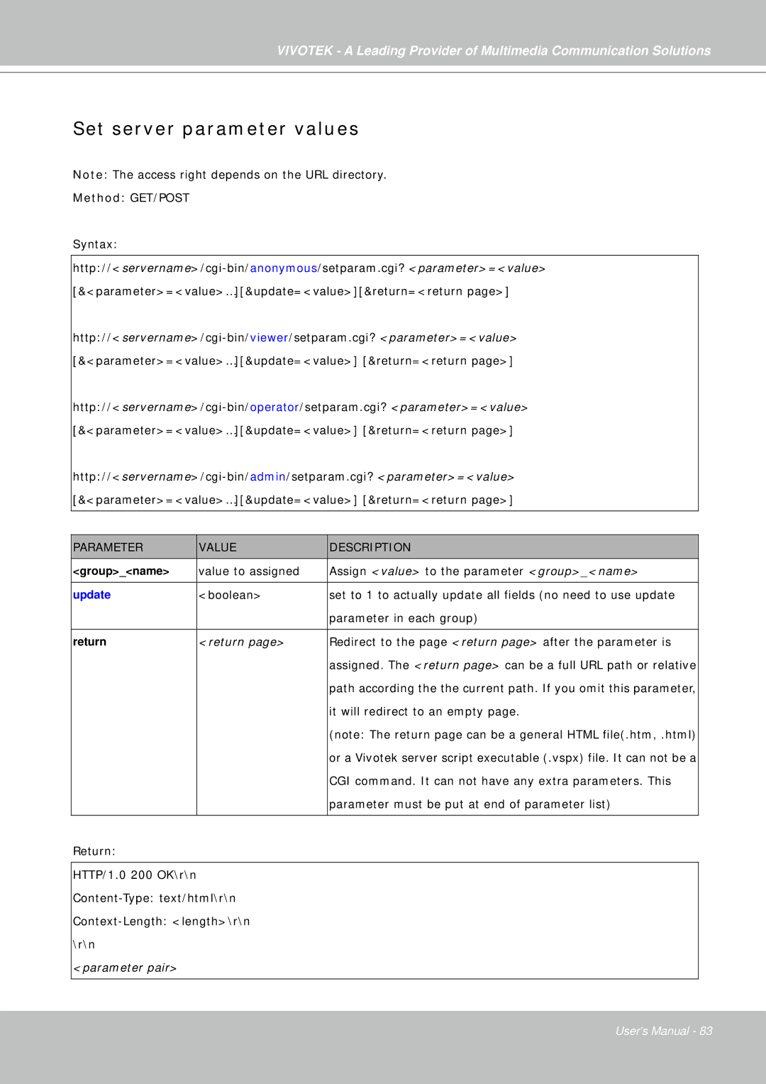 Vivotek IP7330 manual Set server parameter values, Update 