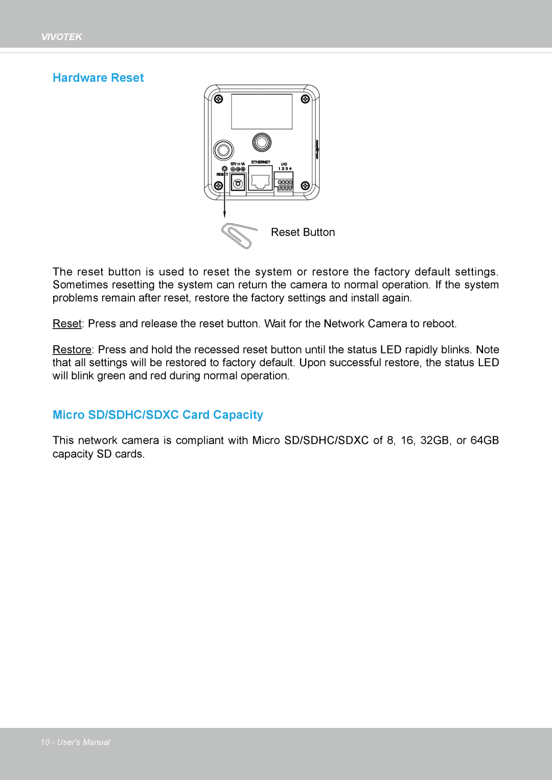 Vivotek IP8130 user manual Hardware Reset 