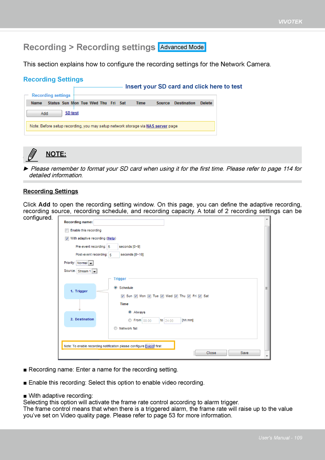 Vivotek IP8130 user manual Recording Recording settings, Recording Settings 