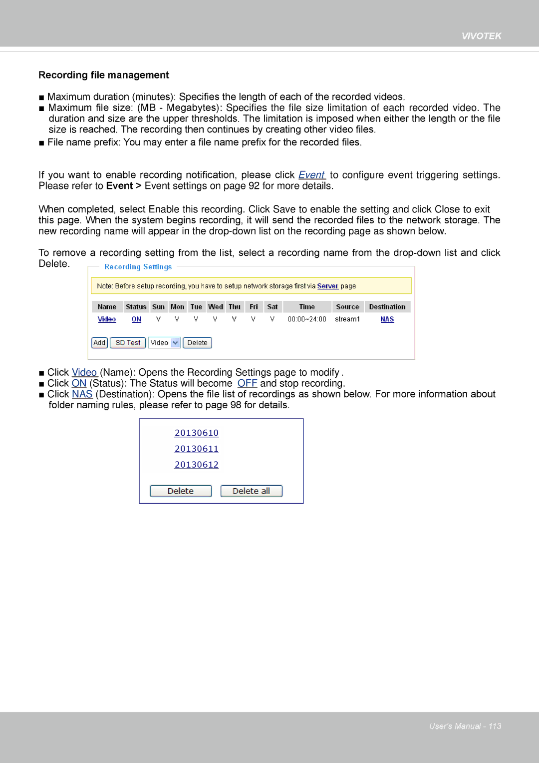 Vivotek IP8130 user manual Recording file management 