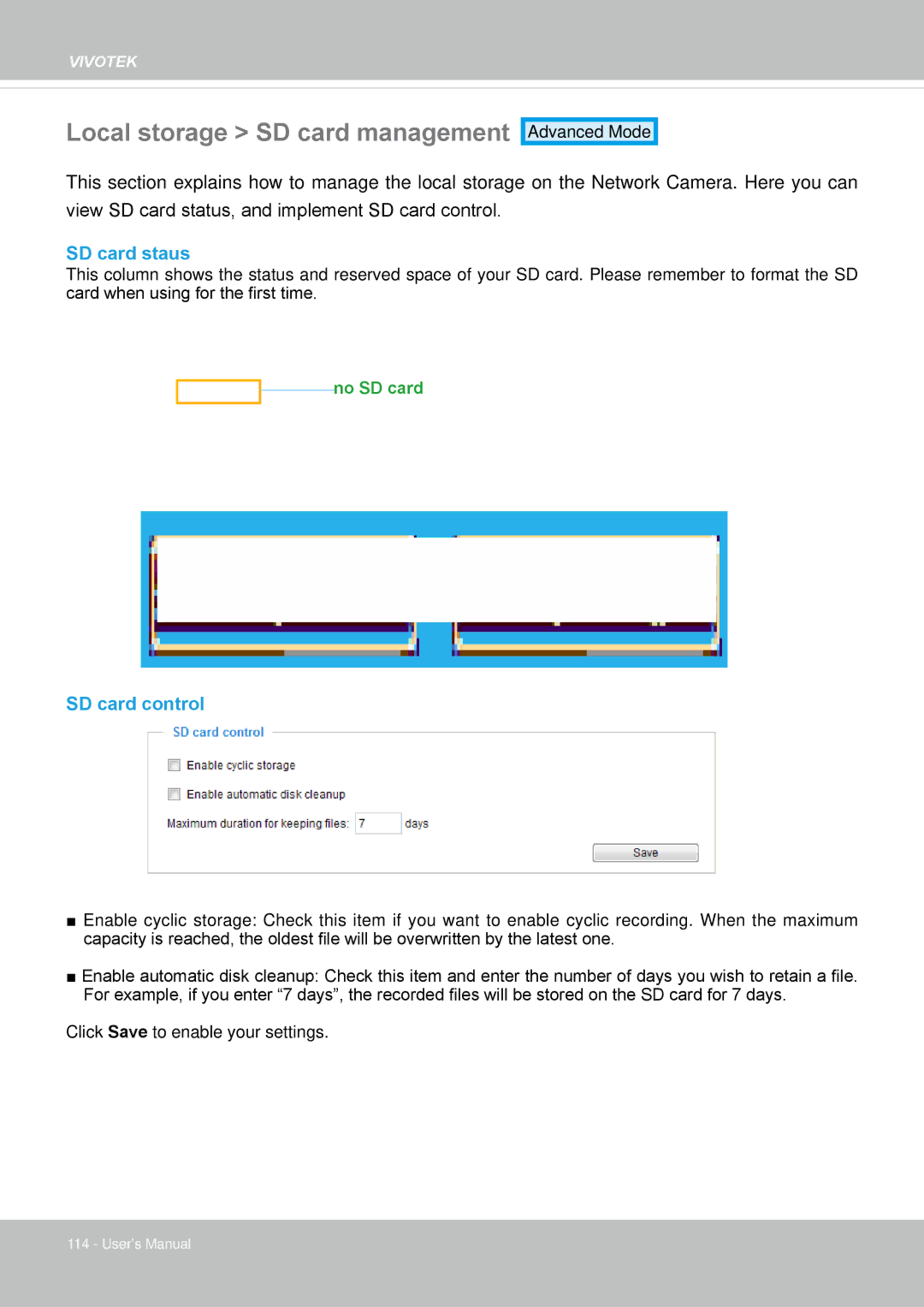 Vivotek IP8130 user manual Local storage SD card management, SD card staus, SD card control 