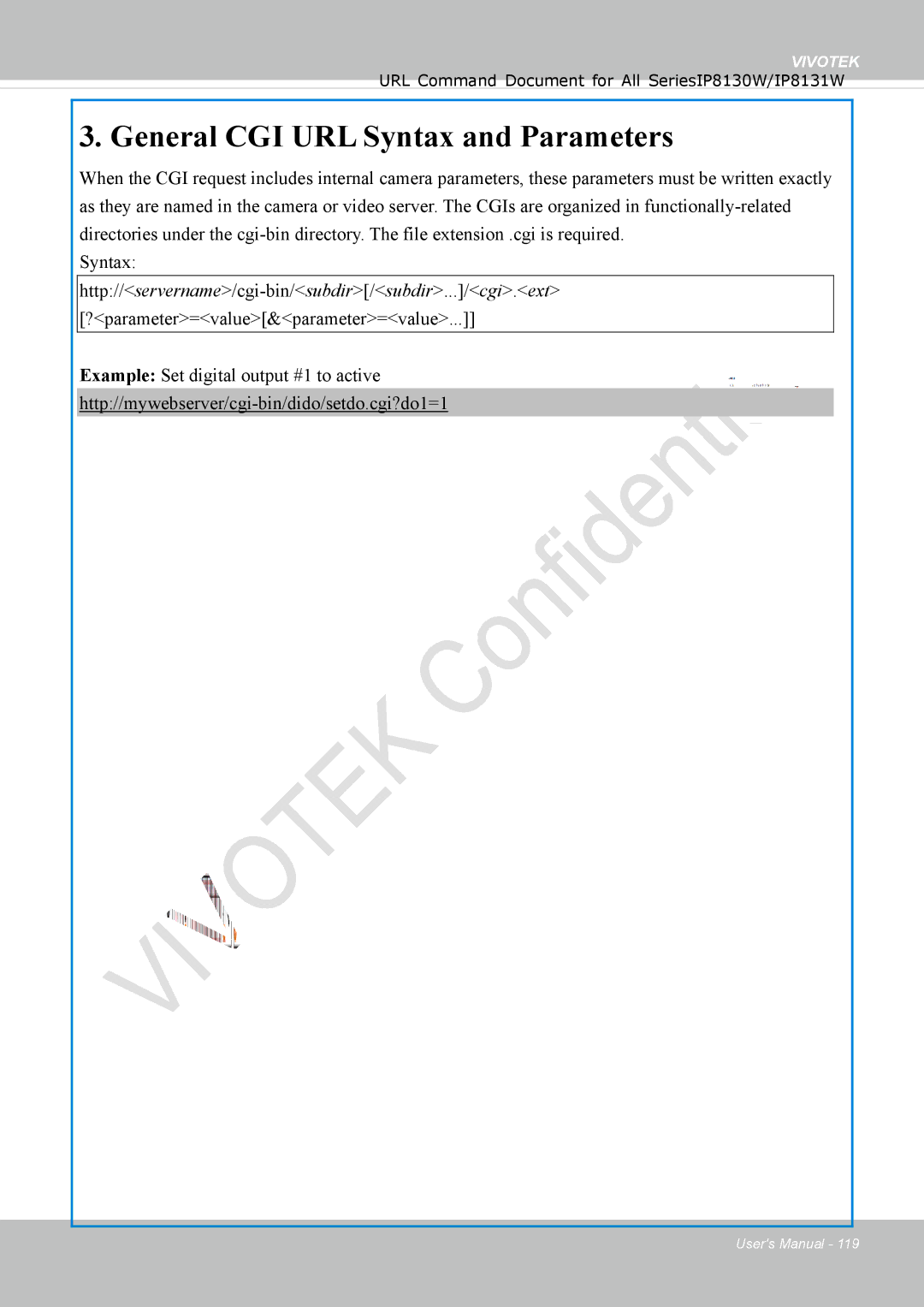 Vivotek IP8130 user manual General CGI URL Syntax and Parameters 