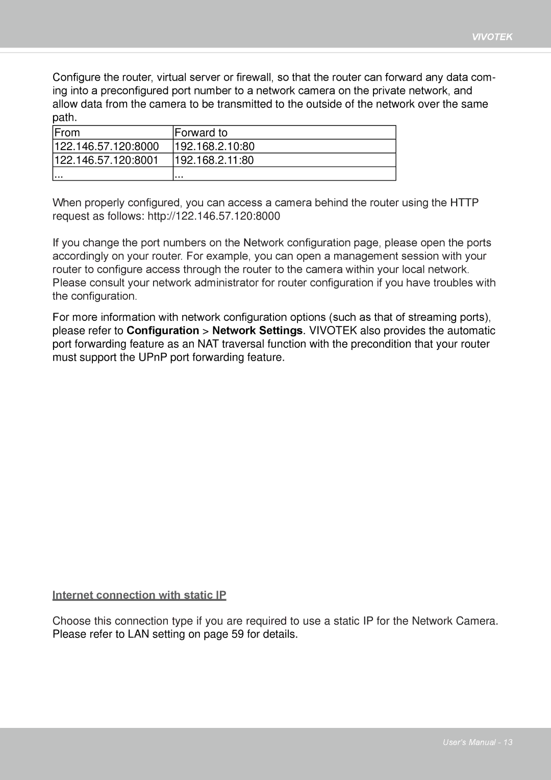 Vivotek IP8130 user manual Internet connection with static IP 