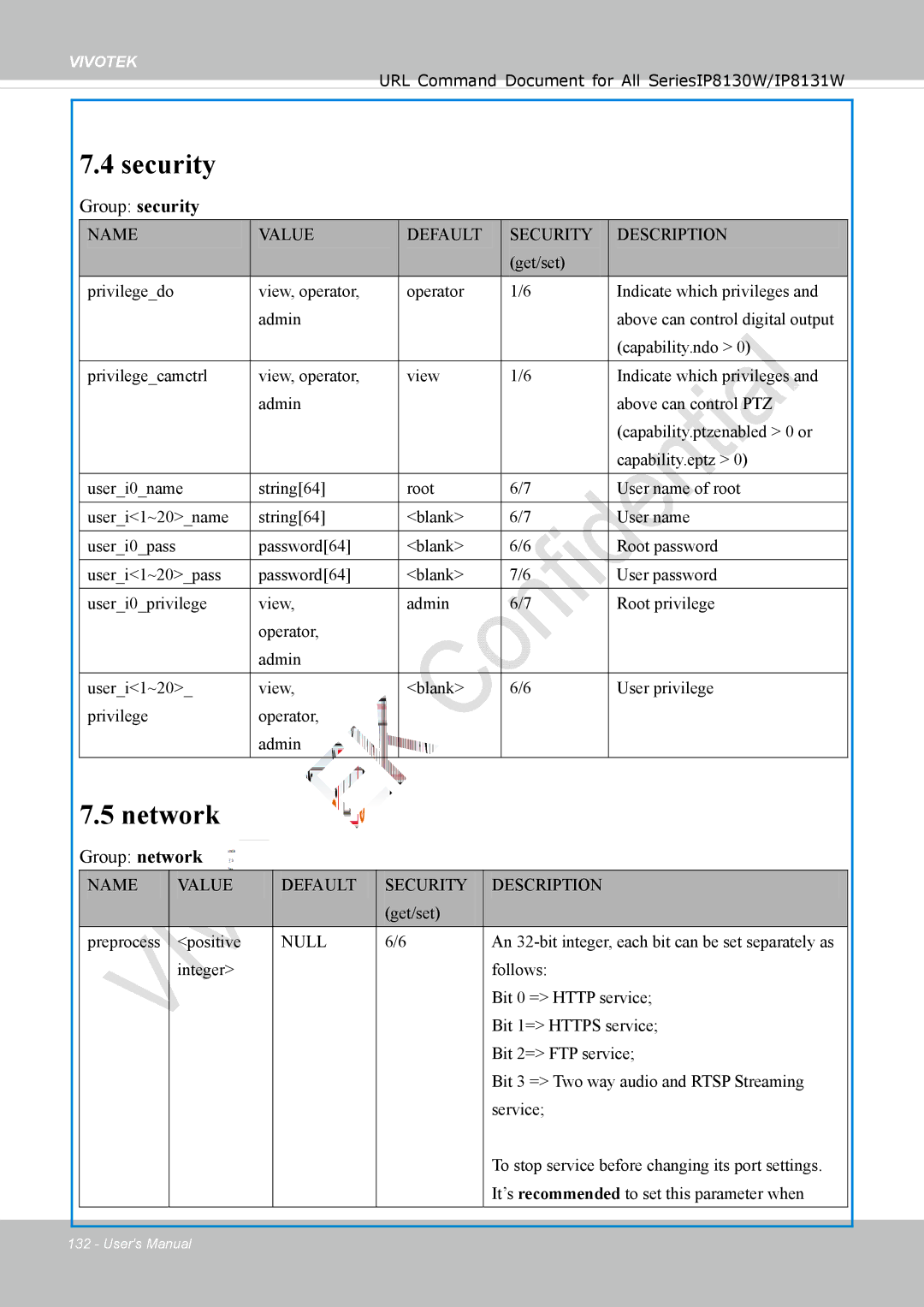 Vivotek IP8130 user manual Security, Network, Group network 