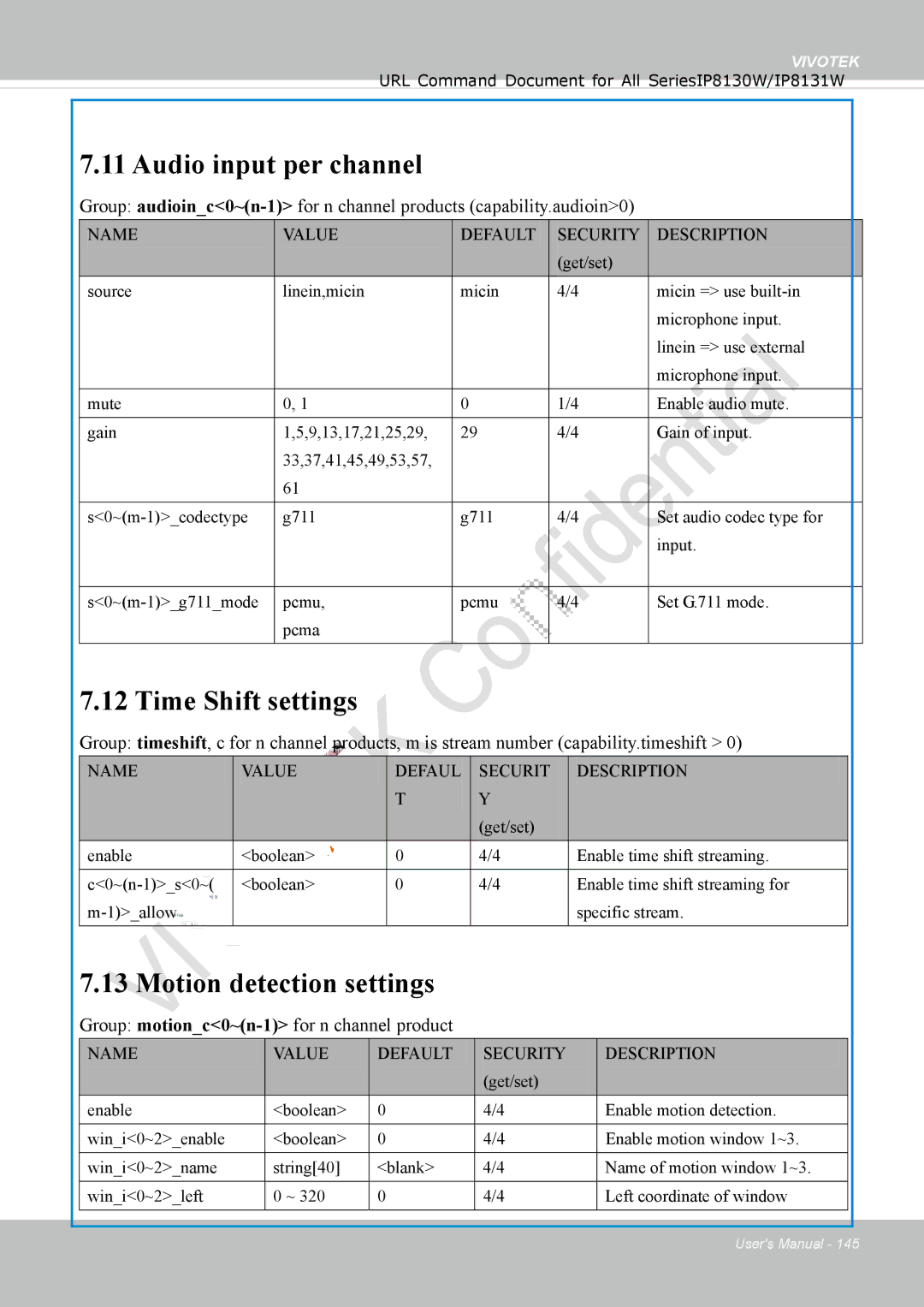 Vivotek IP8130 user manual Audio input per channel, Time Shift settings, Motion detection settings 