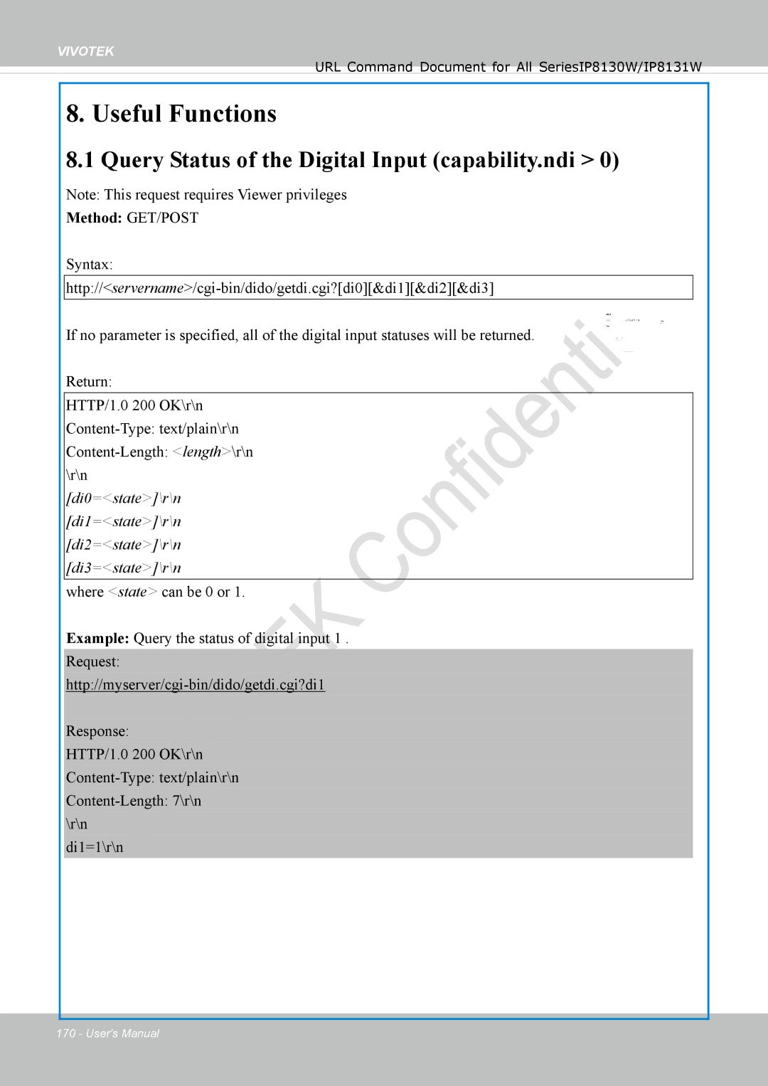 Vivotek IP8130 user manual Useful Functions, Query Status of the Digital Input capability.ndi 