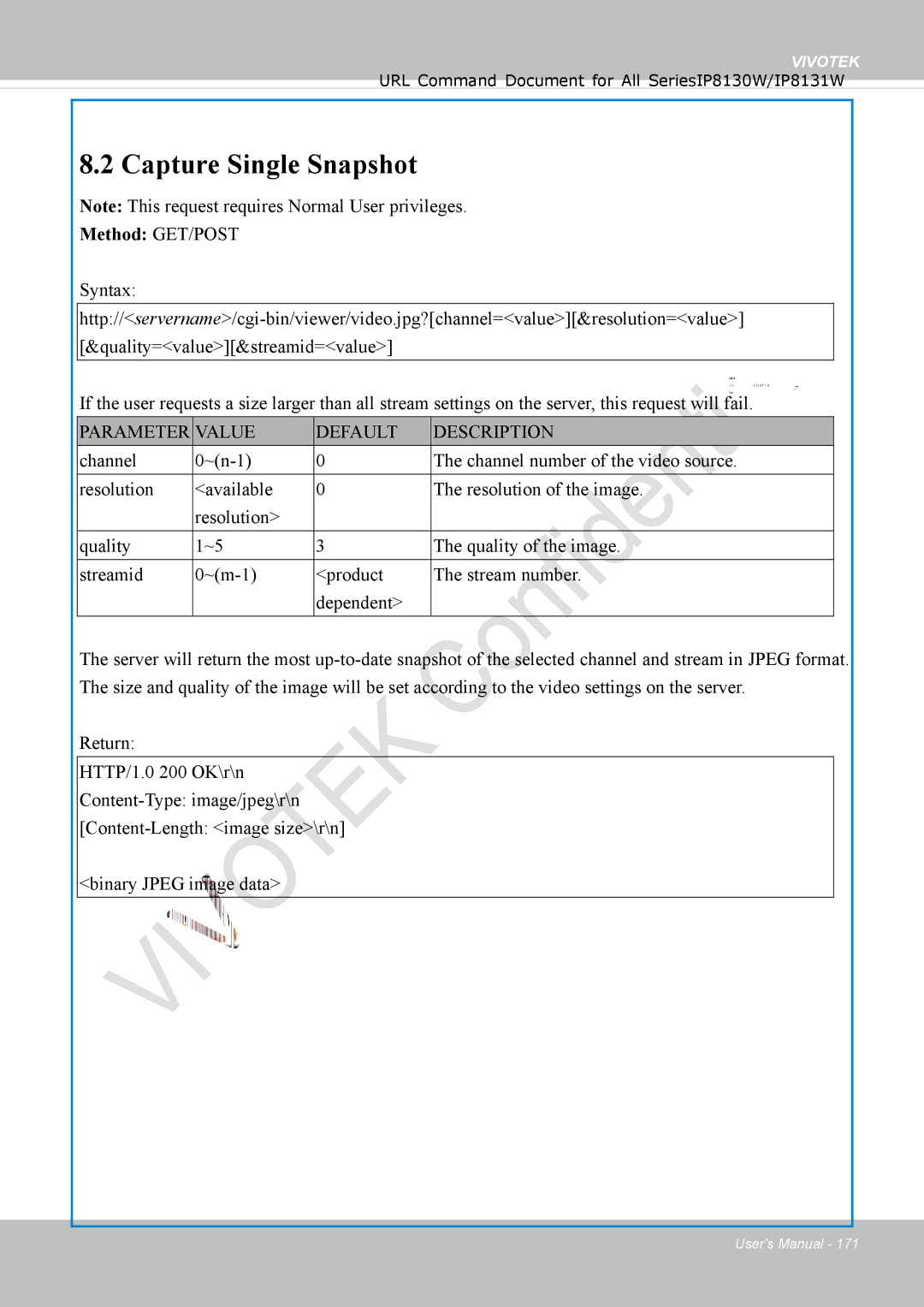 Vivotek IP8130 user manual Capture Single Snapshot, Parameter Value Default Description 