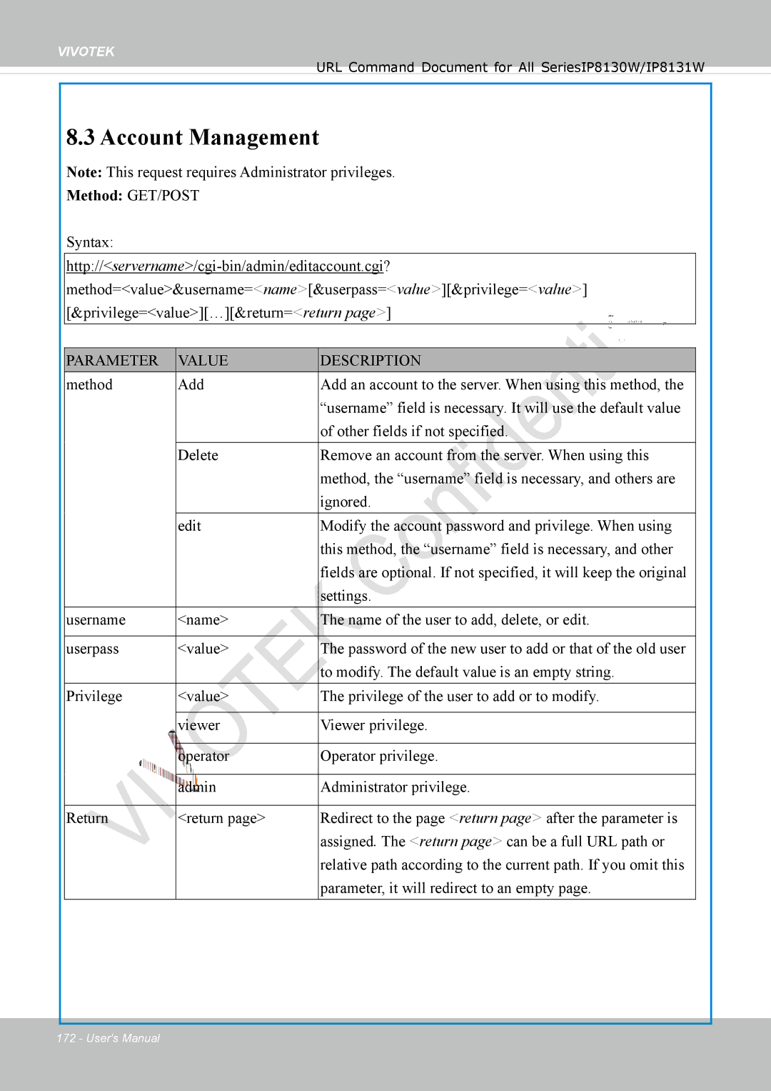 Vivotek IP8130 user manual Account Management 