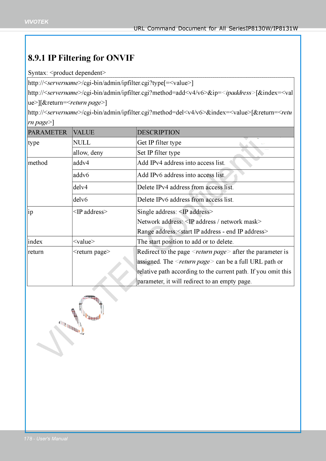 Vivotek IP8130 user manual IP Filtering for Onvif 