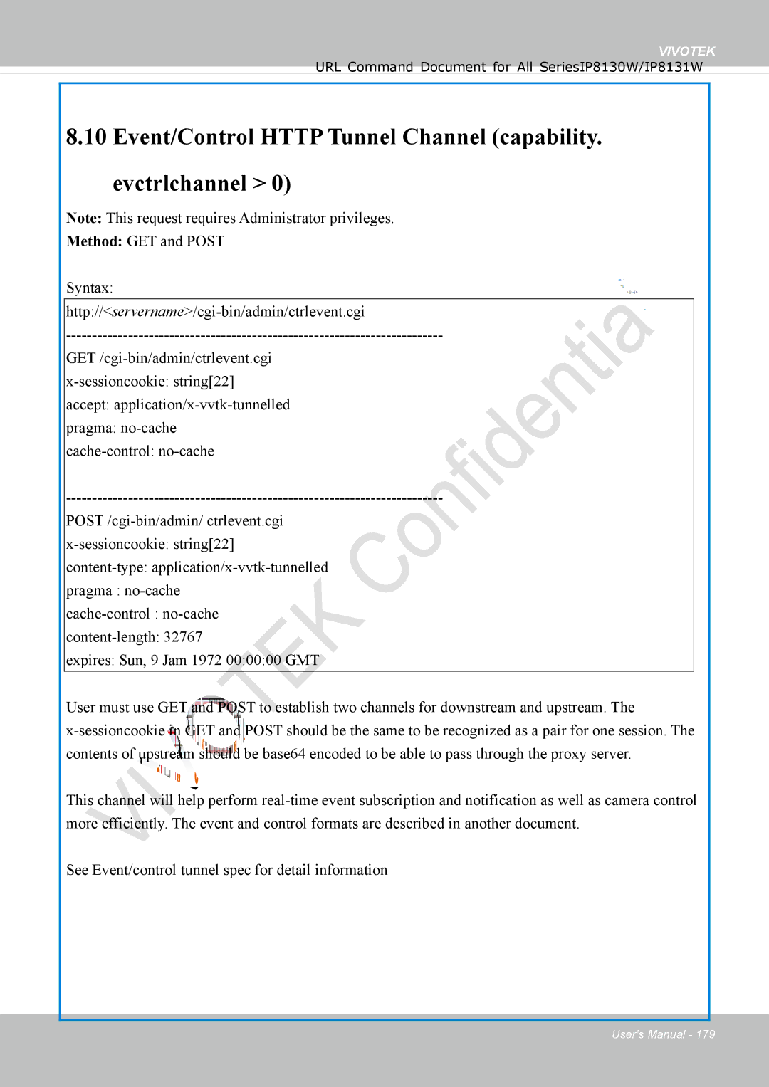 Vivotek IP8130 user manual Event/Control Http Tunnel Channel capability. evctrlchannel 