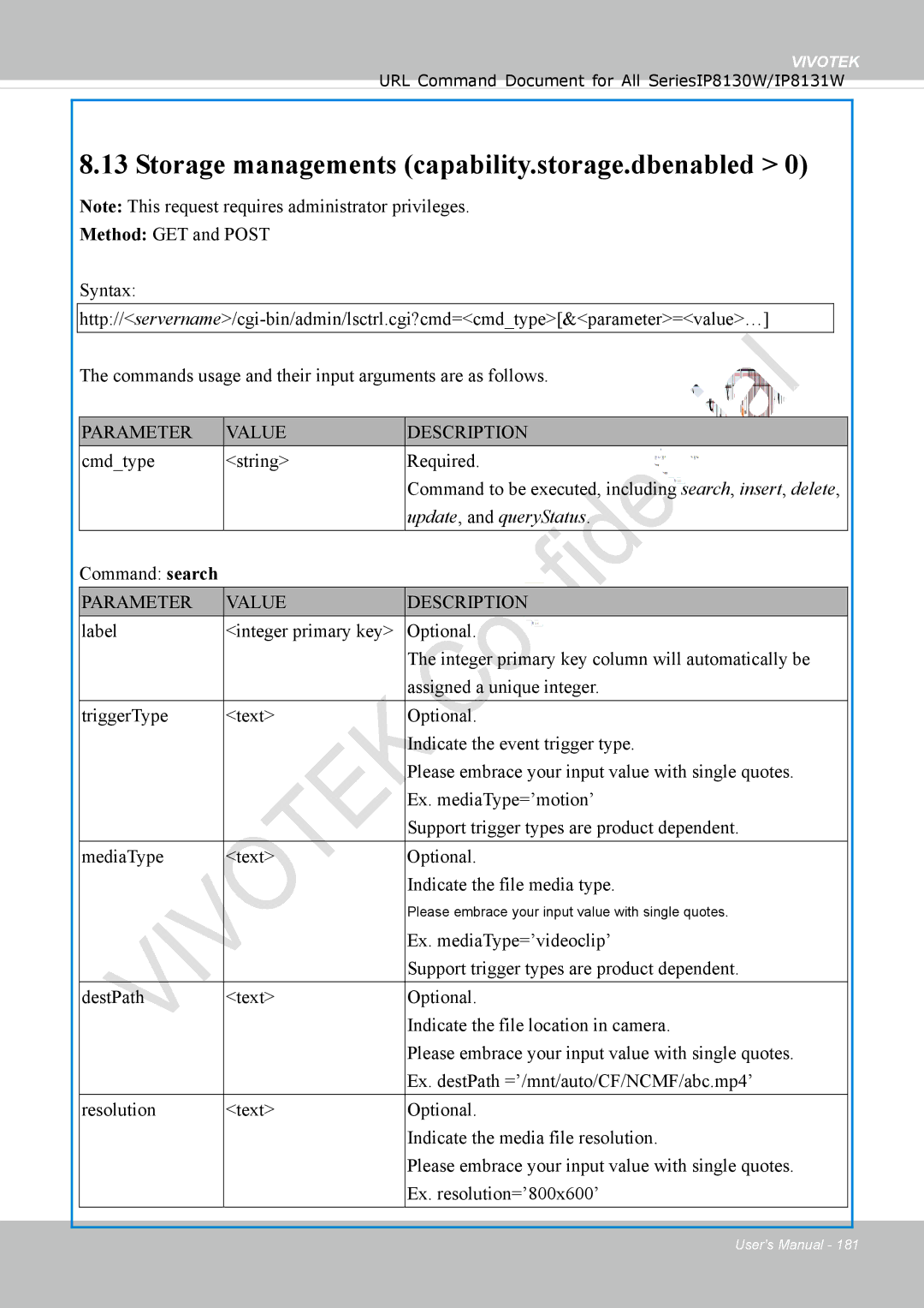 Vivotek IP8130 user manual Storage managements capability.storage.dbenabled, Command search 