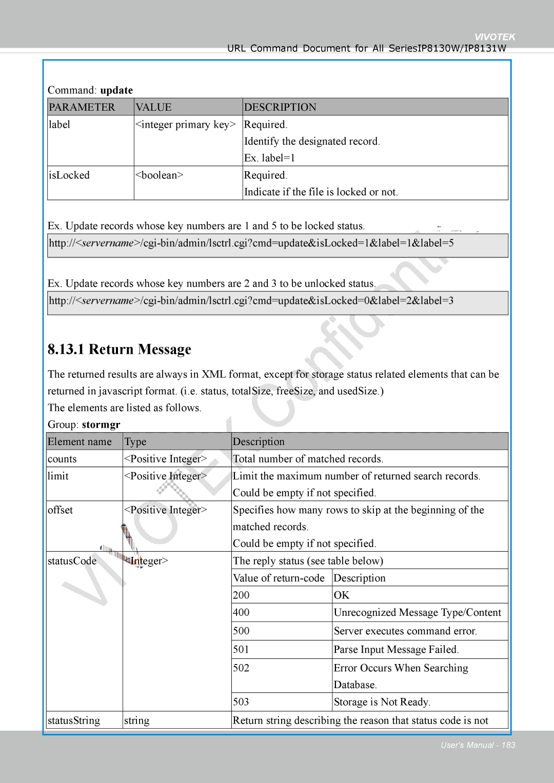 Vivotek IP8130 user manual Return Message, Command update 