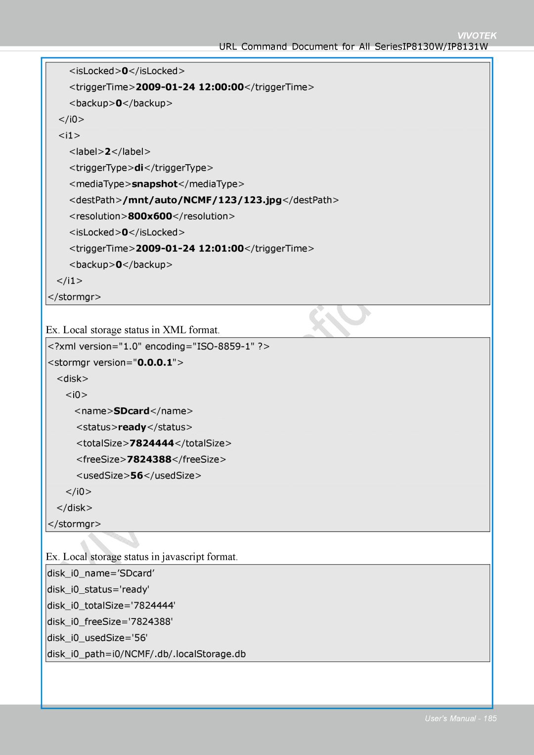 Vivotek IP8130 user manual Ex. Local storage status in XML format, Ex. Local storage status in javascript format 