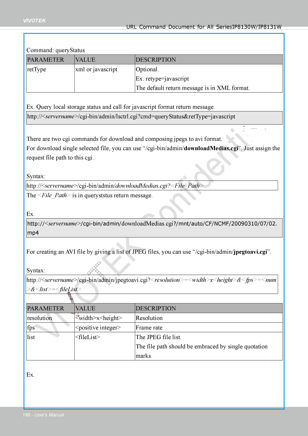 Vivotek IP8130 user manual Command queryStatus, FilePath is in queryststus return message 