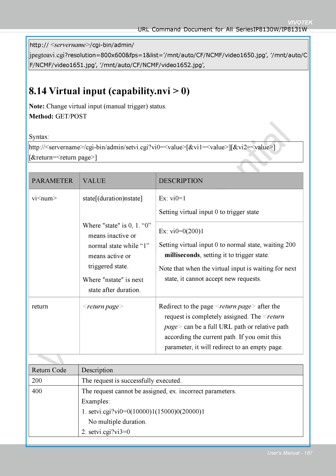 Vivotek IP8130 user manual Virtual input capability.nvi, Return 