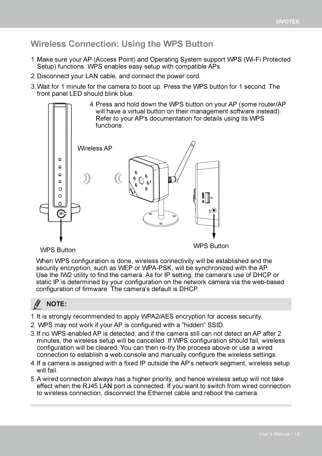 Vivotek IP8130 user manual Wireless Connection Using the WPS Button 