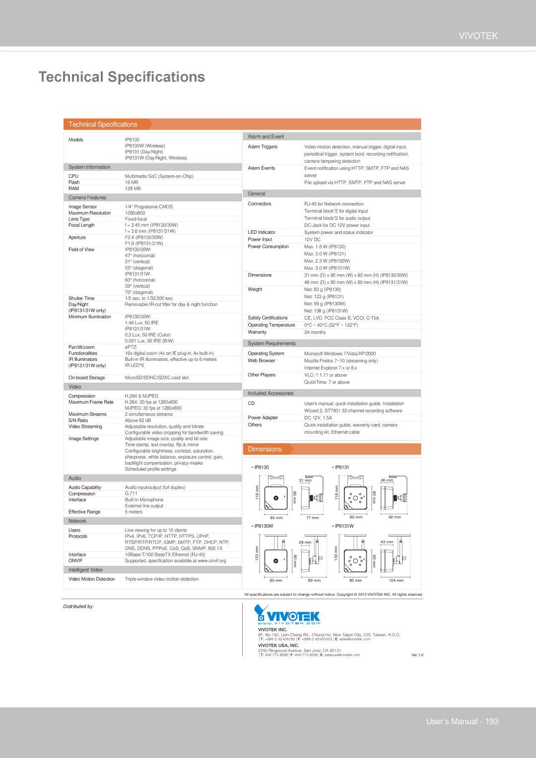 Vivotek IP8130 user manual Technical Specifications 