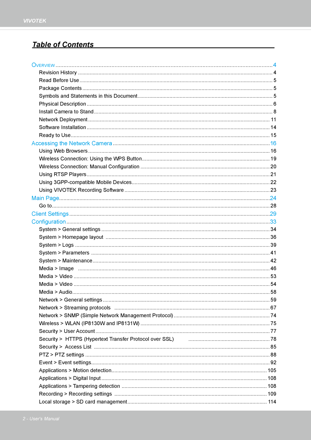 Vivotek IP8130 user manual Table of Contents 