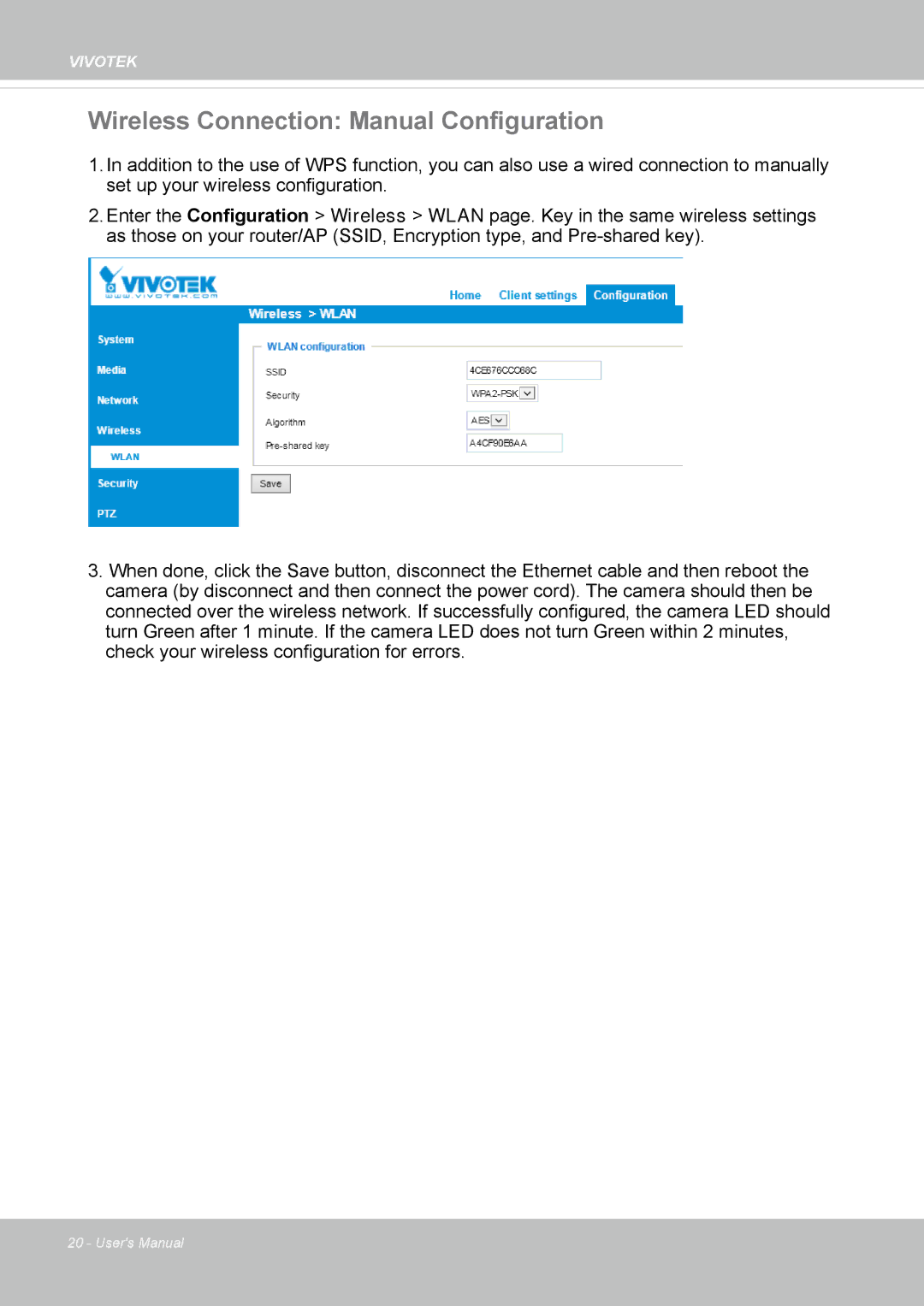 Vivotek IP8130 user manual Wireless Connection Manual Configuration 