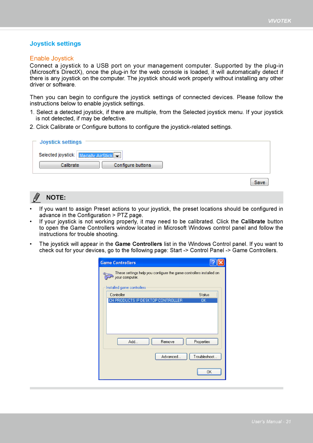 Vivotek IP8130 user manual Joystick settings 