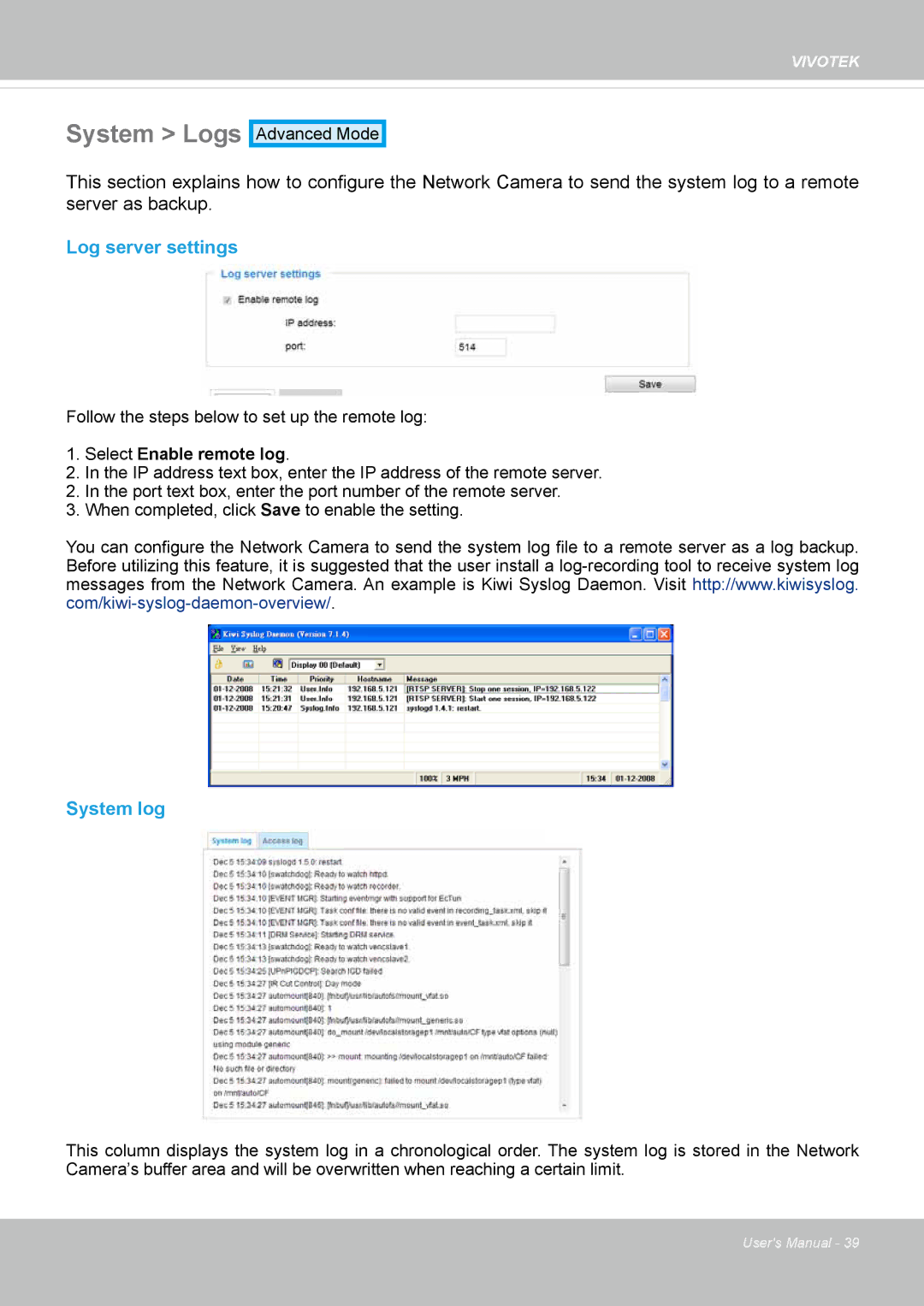 Vivotek IP8130 user manual System Logs, Log server settings, System log 