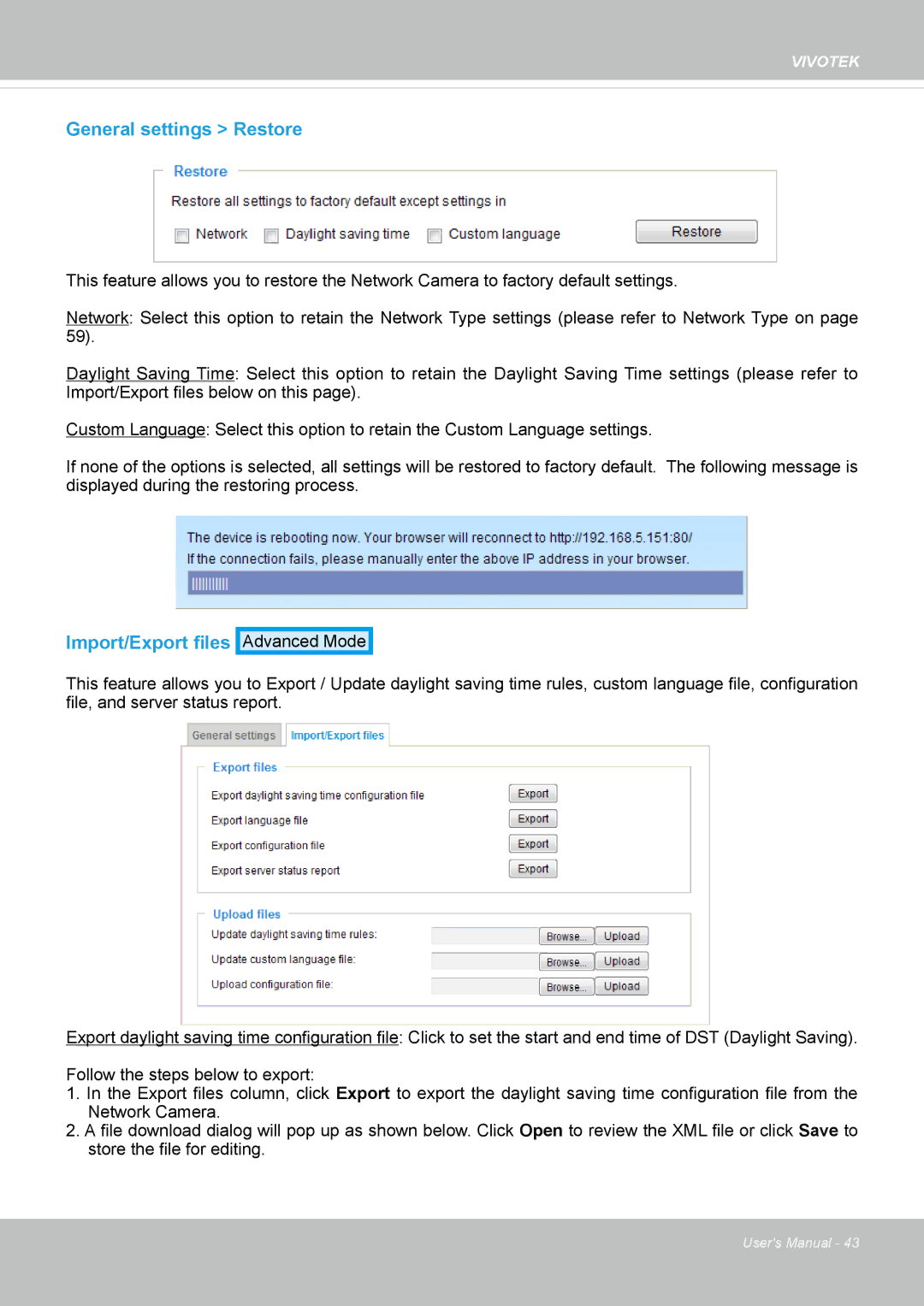 Vivotek IP8130 user manual General settings Restore, Import/Export files 