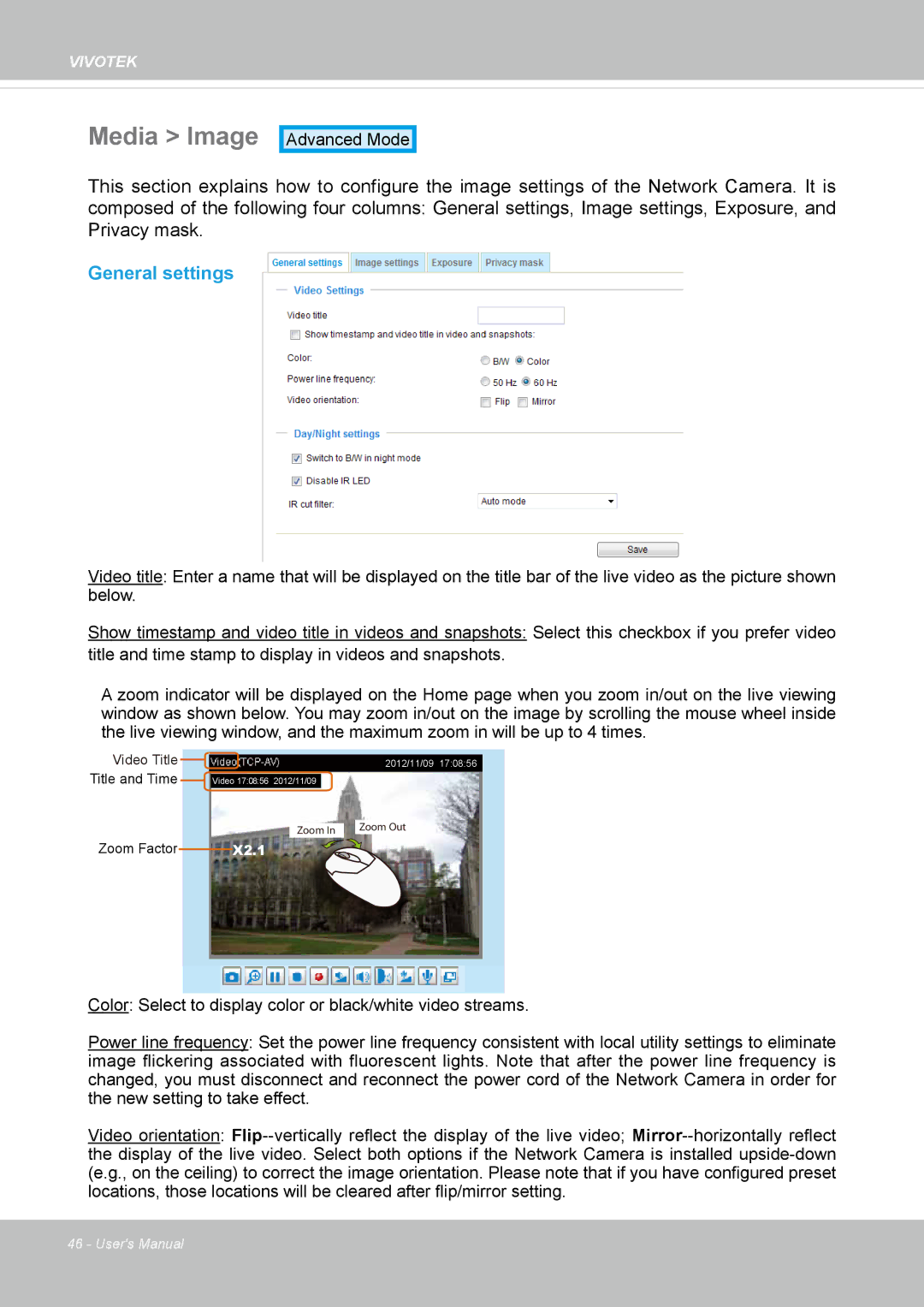 Vivotek IP8130 user manual Media Image, General settings 