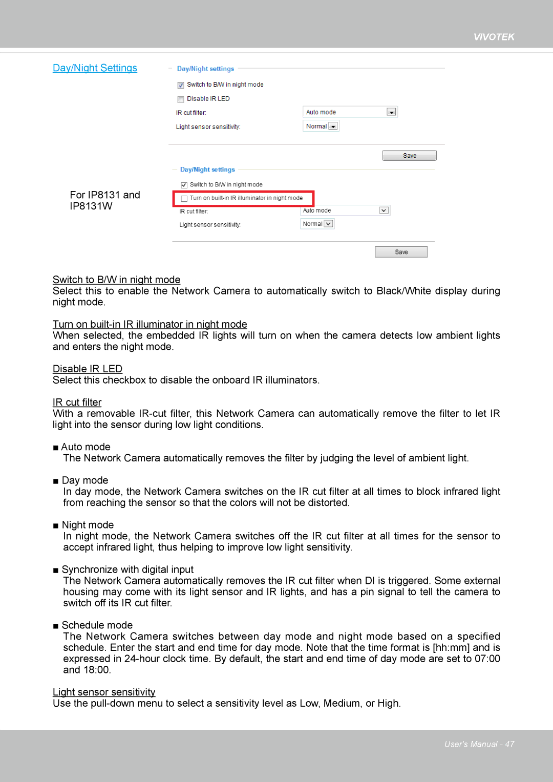 Vivotek IP8130 user manual Day/Night Settings 